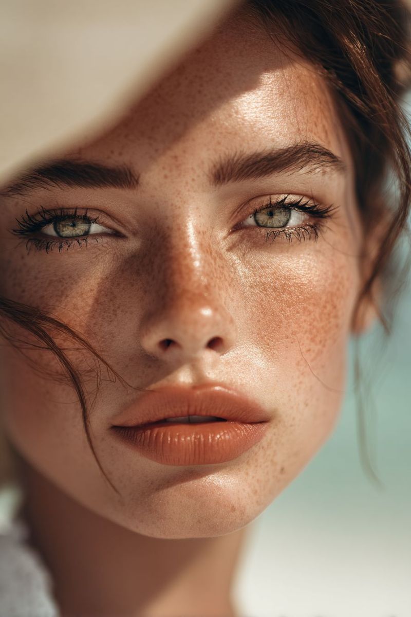Visage femme beaute peau taches rousseur oeil maquillage soleil naturel cils sourcils soins cosmetiques Un portrait rapproché d'une femme avec un teint chaud et ensoleillé. Elle a des cheveux brun clair avec quelques mèches tombant sur son visage. Ses yeux sont en forme d'amande avec de longs cils foncés, et elle a une légère trace de taches de rousseur sur le nez et les joues. Ses lèvres sont peintes dans une teinte rose douce et naturelle, et sa peau a un aspect sain et lumineux. L'arrière-plan est légèrement flou, suggérant qu'elle est en extérieur.