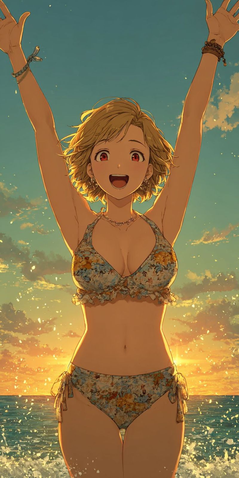 Anime girl beach sunset water ocean waves bikini joy happiness celebration summer freedom nature cartoon colorful An anime-style illustration of a woman standing in the ocean, her arms raised in the air. She is wearing a floral bikini with a necklace and bracelets. She has short blonde hair and red eyes, and she is smiling widely. The ocean is calm, and the sky is blue with some clouds. The sun is setting in the background, casting a warm glow on the scene.