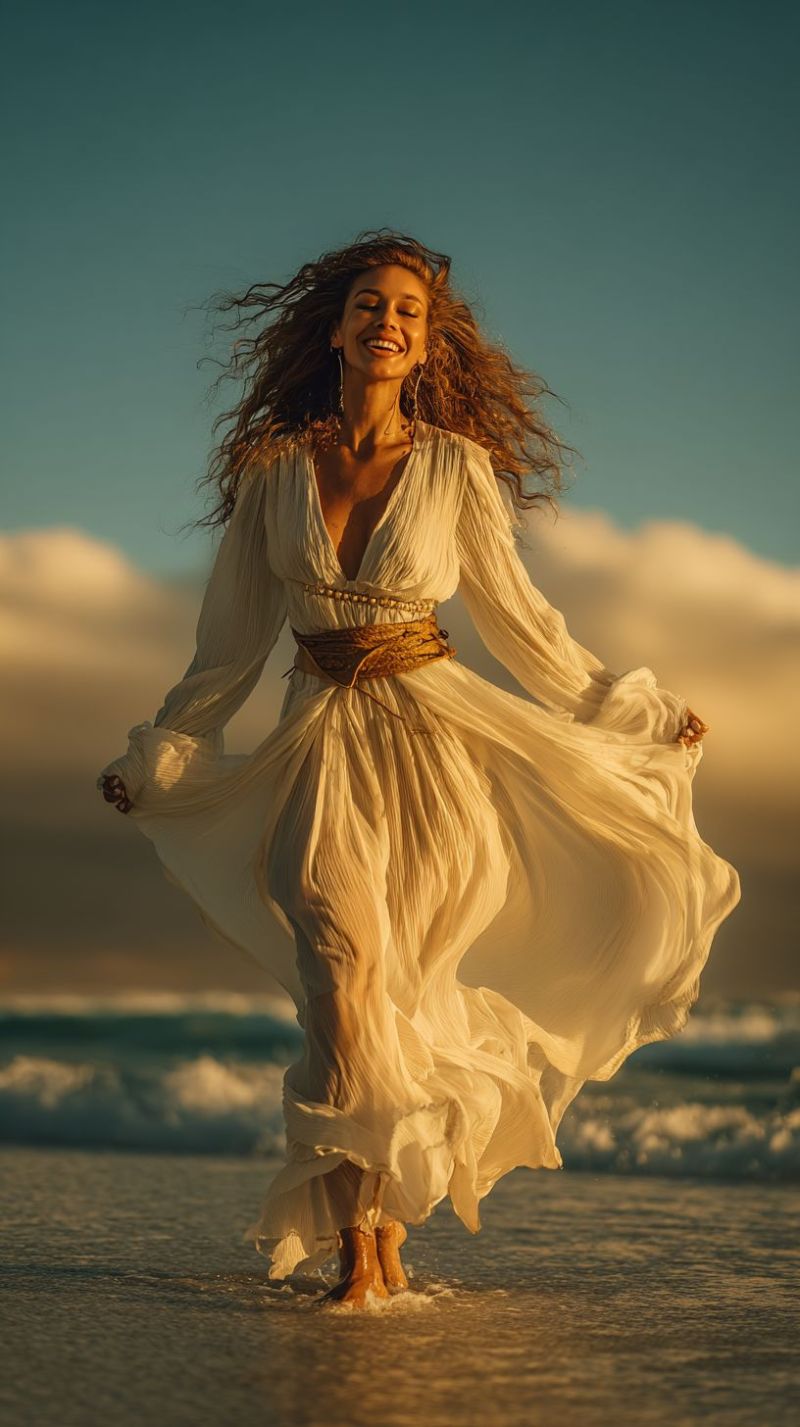 Femme plage robe sourire boucles oreilles ceinture eau vagues soleil air liberte bonheur flottant Une femme aux cheveux bouclés se tient sur une plage, souriant et regardant vers la droite. Elle est pieds nus et porte une robe blanche fluide à manches longues et un décolleté en V. La robe est ceinturée à la taille. La robe flotte dans le vent, et les cheveux de la femme flottent également dans le vent. La plage est sablonneuse et l'eau est calme. Le ciel est bleu avec quelques nuages.