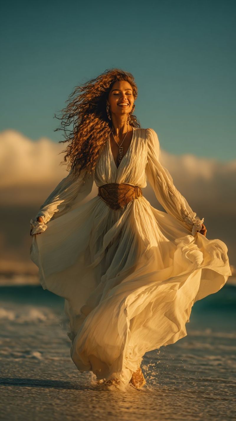 Woman beach dress smile running water sea sunlight waves sand fashion freedom happiness outdoors nature lifestyle curly A woman with curly hair is standing on a beach, her dress flowing in the wind. She is barefoot and smiling, with her dress billowing around her. She is wearing a necklace and a belt around her waist. The water is calm, and the sky is clear with some clouds. The sun is setting, casting a warm glow on the scene.