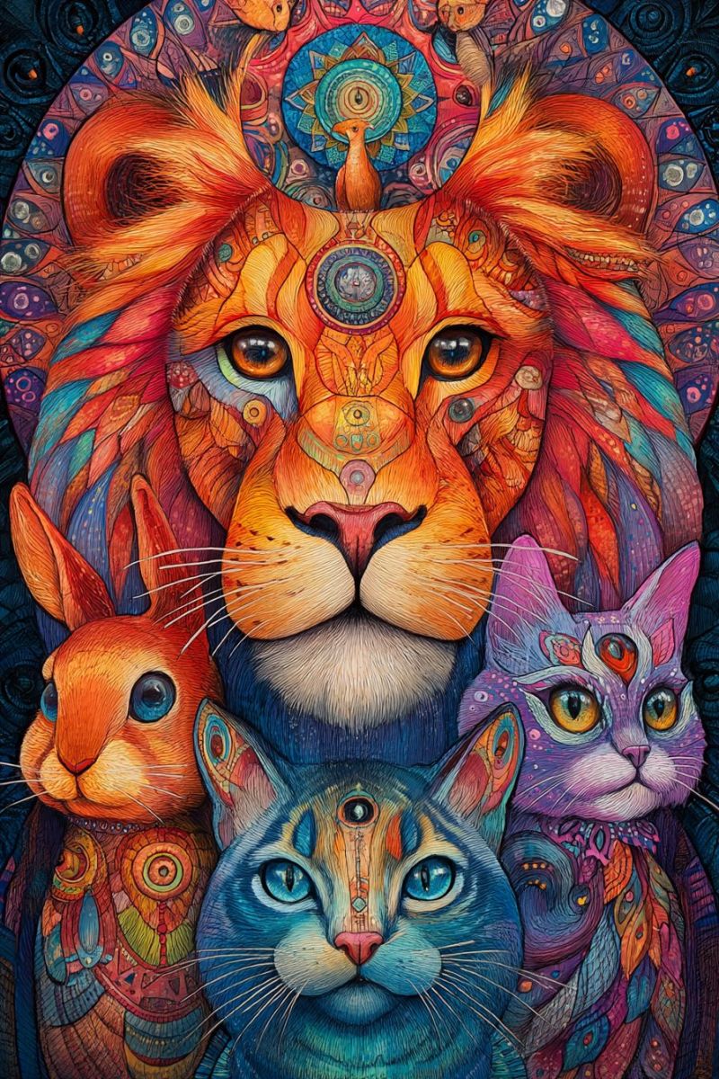 Lion cat rabbit painting animal colorful eyes fur pattern fantasy imagination wildlife decorative majestic lion with a vibrant orange mane, its face adorned with intricate patterns and symbols. The lion's eyes are large and expressive, with a mix of blue and yellow irises. Below the lion, there are three cats. The cat on the left has a mix of orange and white fur, with a colorful pattern on its chest. The middle cat is blue with striking blue eyes, and the cat on the right is purple with yellow eyes. The background is a swirling, colorful mosaic of shapes and patterns, creating a mystical and artistic atmosphere.