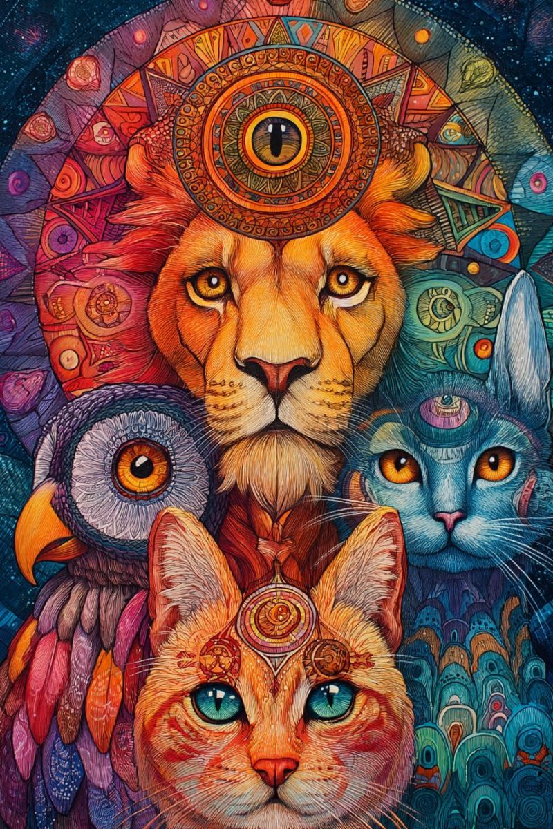 Lion cat owl eye animal painting colorful fantasy geometric pattern design symbol spirituality mysticism mythology culture vibrant and intricate design centered around a majestic lion with a regal mane. Above the lion, there is a large, ornate eye surrounded by a circular pattern of various colors and symbols. To the left of the lion, there is an owl with large, expressive eyes and colorful feathers. To the right of the lion, there is a blue cat with striking yellow eyes. Below the lion, there is another cat with blue eyes, adorned with a circular design on its forehead. The background is a complex, multicolored pattern with swirling shapes and additional eyes, creating a mystical and fantastical atmosphere.