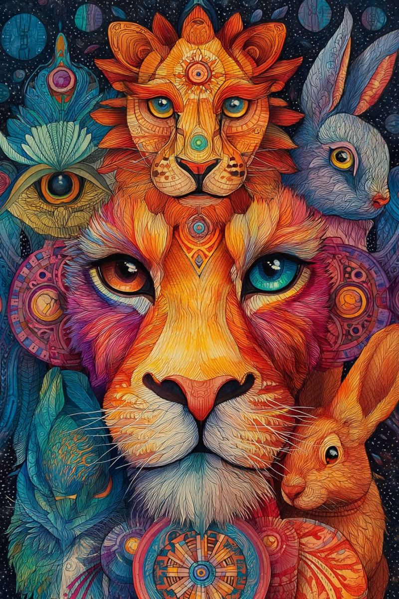 Lion lapin yeux visage animal fantaisie imagination faune creatif design Illustration vibrante et complexe d'une tête de lion, entourée de divers animaux et éléments mystiques. Le visage du lion est détaillé avec un mélange de couleurs orange, jaune et blanche, avec des yeux bleus saisissants. Au-dessus de la tête du lion, il y a un soleil stylisé avec des rayons s'étendant vers l'extérieur, ajoutant une touche mystique. À gauche du lion, il y a un grand oeil multicolore avec une iris bleue et une pupille jaune, entouré d'un motif abstrait coloré. Sur le côté droit, il y a un lapin avec un nez rose et de grands yeux expressifs, également entouré de motifs colorés. Le fond est d'un bleu profond, parsemé de formes circulaires qui ressemblent à des planètes ou des étoiles, ajoutant à l'ambiance mystique et cosmique de l'oeuvre