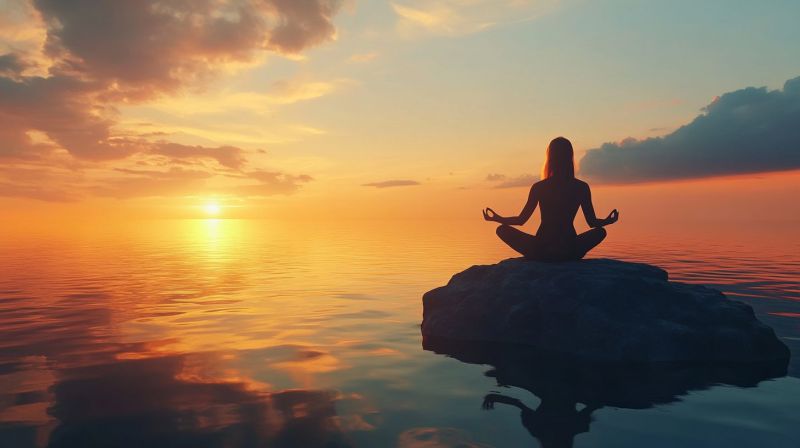 Meditation yoga zen mindfulness peace tranquility serenity calm balance harmony reflection contemplation spirituality wellness self care nature ocean A silhouette of a woman is seated in a meditative pose on a large rock in the middle of a calm ocean. The sun is setting on the horizon, casting a warm, golden light across the sky and water. The sky is a mix of orange, pink, and blue hues, with scattered clouds. The woman's shadow is reflected on the water, adding to the serene and peaceful atmosphere of the scene.