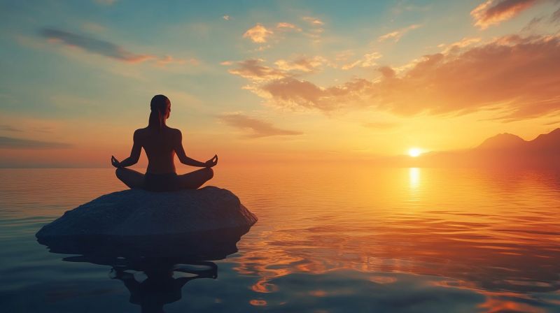 Meditation yoga zen calm peace tranquility serenity balance harmony mindfulness spirituality contemplation reflection inner posture practice session A woman is sitting cross-legged on a small rock in the middle of a calm sea, facing the setting sun. The sun is partially hidden behind a silhouette of mountains in the distance. The sky is a mix of orange, pink, and blue hues, indicating the transition from day to night. The water reflects the colors of the sky and the woman's silhouette. The scene is serene and peaceful, with the woman appearing to be in a meditative or yoga pose.