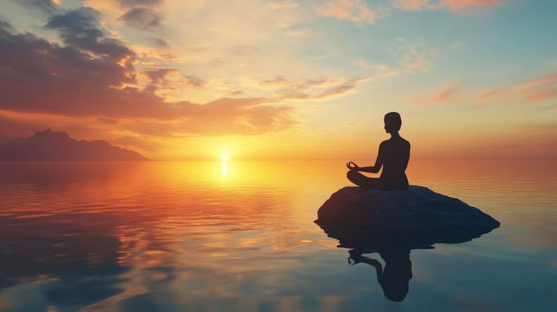 Meditation yoga zen calm peace tranquility serenity contemplation mindfulness relaxation balance harmony spirituality self reflection inner sunset oce A person is sitting in a meditative pose on a small rock in the middle of a calm ocean at sunset. The person's hands are in a mudra position, and their head is slightly tilted forward. The sun is setting on the horizon, casting a warm glow on the water and sky. The sky is filled with clouds, and there is a silhouette of a mountain range in the distance. The water is calm, and the person's shadow is reflected on the water.