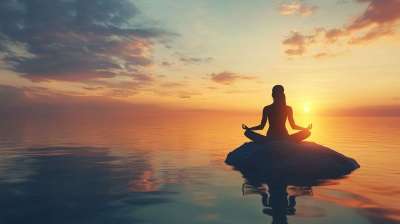 Meditation yoga zen mindfulness peace tranquility serenity calm balance harmony ocean sunset reflection rock A silhouette of a woman is seated in a meditative pose on a small rock in the middle of a calm ocean. The sun is setting in the background, casting a warm glow on the water and sky. The sky is filled with clouds, some of which are illuminated by the setting sun. The woman's shadow is reflected on the water, adding to the serene and peaceful atmosphere of the image.