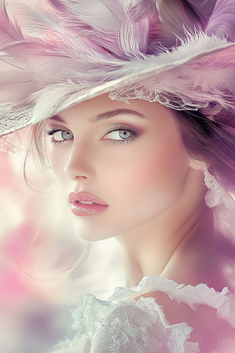 Woman fashion makeup cosmetic headshot beauty glamour pink scheme vintage elegant attire women fashionable clothing soft The image displays a close-up of a woman with fair skin. She has long, wavy hair that falls over her shoulders and is styled in an updo. Her makeup includes prominent eyeliner and nude lipstick. The woman is wearing a feathery, white hat adorned with flowers and plumes, which contributes to a vintage or romantic aesthetic. A large flower or flower arrangement is also visible on her left shoulder. Her facial expression is neutral with a soft gaze directed off-camera. She has a choker-style necklace around her neck. The background is not distinctly visible due to the close framing, but it appears to be a soft, pastel color palette that complements the overall delicate and elegant theme of the photograph.