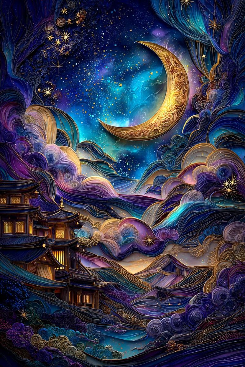 Etoiles nuages batiment architecture fantaisie onirique imagination fantaisiste mystique decoratif couches profondeur perspective nuit ciel croissant Le ciel nocturne serein est rempli de nuages tourbillonnants aux teintes de bleu, violet et or. Une lune croissante, ornée de motifs dorés complexes, flotte gracieusement dans le ciel, entourée d'étoiles scintillantes. Sous la lune, un bâtiment de style japonais traditionnel avec des lumières chaudes et lumineuses émane de ses fenêtres, ajoutant une touche de chaleur à la nuit fraîche. Le ciel passe des bleus profonds aux violets plus clairs, créant une atmosphère onirique et mystique. La scène globale est riche en couleurs et en textures, évoquant un sentiment de tranquillité et d'émerveillement.