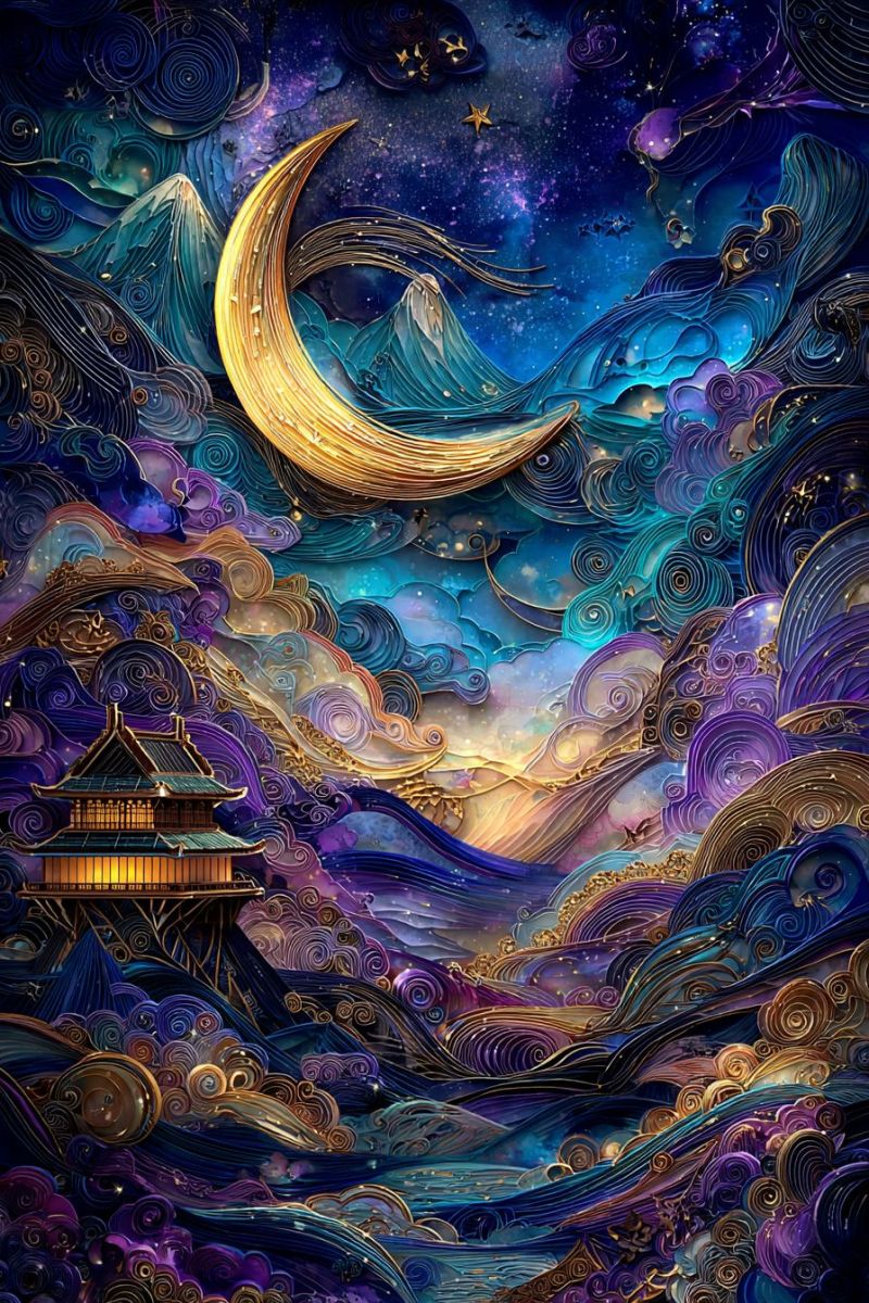 Lune etoiles nuages montagnes temple eau vagues reflexion fantaisie onirique imagination creativite nuit ciel Une oeuvre d'art vibrante et complexe présente une lune croissante qui brille en or sur un ciel bleu profond rempli de nuages violets et bleus tourbillonnants. Des étoiles et une galaxie renforcent le thème céleste. Sous la lune, un bâtiment traditionnel avec un toit doré et un éclairage chaleureux se dresse au milieu des nuages. L'arrière-plan comprend des montagnes et un horizon lointain avec une pointe d'aube. Toute la scène est réalisée avec une technique de découpage de papier, lui donnant un aspect texturé et en couches