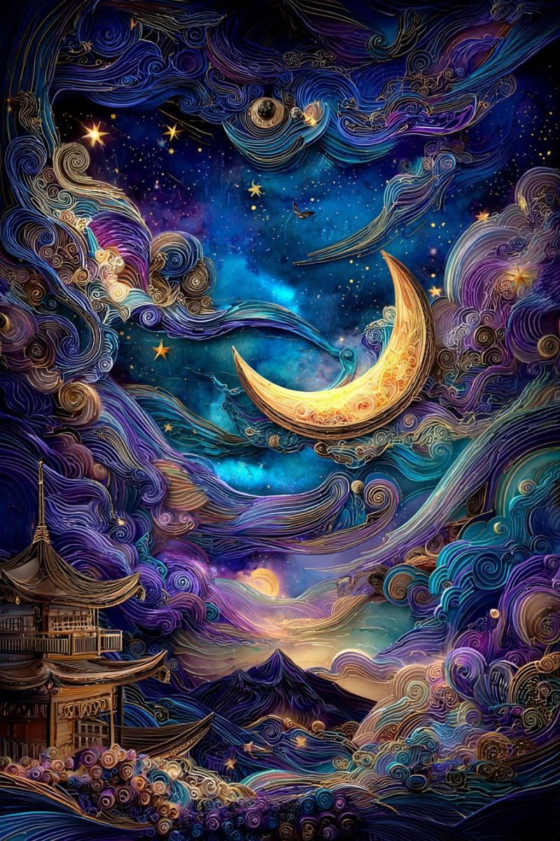 Moon stars clouds temple mountains flowers butterflies fantasy colorful dreamlike whimsical magical celestial ethereal mystical nighttime night sky ight sky filled with swirling clouds in shades of blue, purple, and gold. A large, glowing crescent moon dominates the scene, surrounded by stars that twinkle in various sizes. The sky is dotted with small, glowing orbs that resemble stars. Below the moon, a traditional Japanese pagoda with a tiled roof and wooden structure stands against the back of mountains. The pagoda is surrounded by a cluster of flowers, adding a touch of color to the scene. The overall atmosphere is mystical and serene, with a sense of tranquility and wonder.