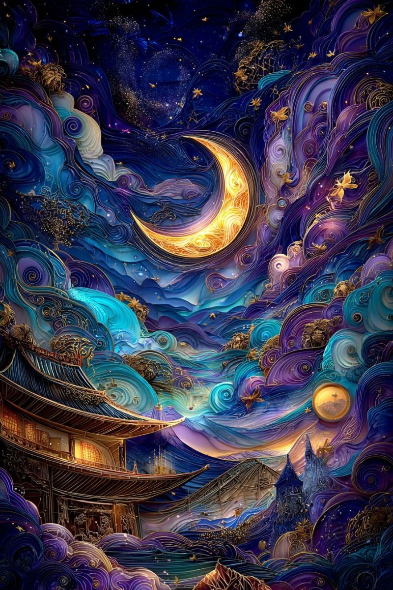 Moon stars clouds fantasy architecture building temple mountains water waves shadow colorful imagination night sky vibrant, surreal landscape with a large, crescent moon at its center, glowing with a golden hue. The sky is a mix of deep blues, purples, and teals, swirling in a dreamlike pattern. The moon is surrounded by a golden halo, with stars scattered around it. Below the moon, there are intricate, swirling clouds in shades of blue and purple. On the left side, there is a building with a golden roof and intricate designs, possibly a temple or a palace, with warm lights glowing from within. The background includes mountains and a castle-like structure, all blending into the fantastical sky.
