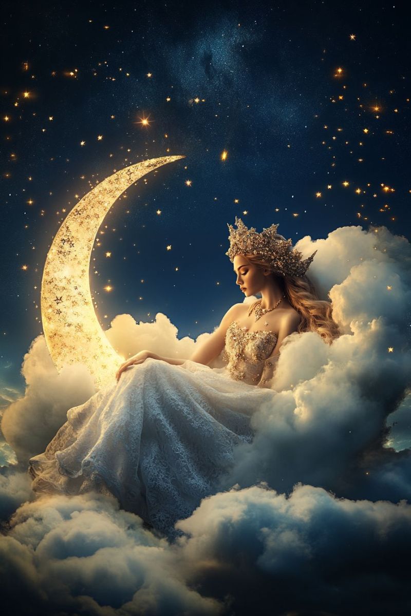 Fantasy angelic moonlit sky celestial beauty surreal dreamlike composition female flight ethereal clouds star glowing halo cosmic romance digital artwork depicting a fantasy scene. serene and ethereal setting, with the central figure being a young woman with long hair seated on a cloud. She appears to be gazing into the distance with an expression of contemplation or tranquility. Her dress is white, suggesting purity or innocence, and she wears a crown adorned with flowers, adding to her regal appearance. The background showcases a night sky filled with stars, providing a dreamy backdrop. A crescent moon hangs in the sky above the woman, casting a gentle glow that illuminates the scene. Surrounding the scene are whimsical elements like floating clouds and sparkling stars, which contribute to the magical atmosphere of the artwork. The overall composition is balanced with warm colors predominantly used in the lower areas, creating a sense of warmth and invitingness. The use of light and shadow within the image highlights the subject and adds depth to the scene. This type of image might be used for various purposes such as advertising, album covers, book illustrations, or as part of a branding strategy that aims to convey themes of fantasy, beauty, and celestial inspiration.