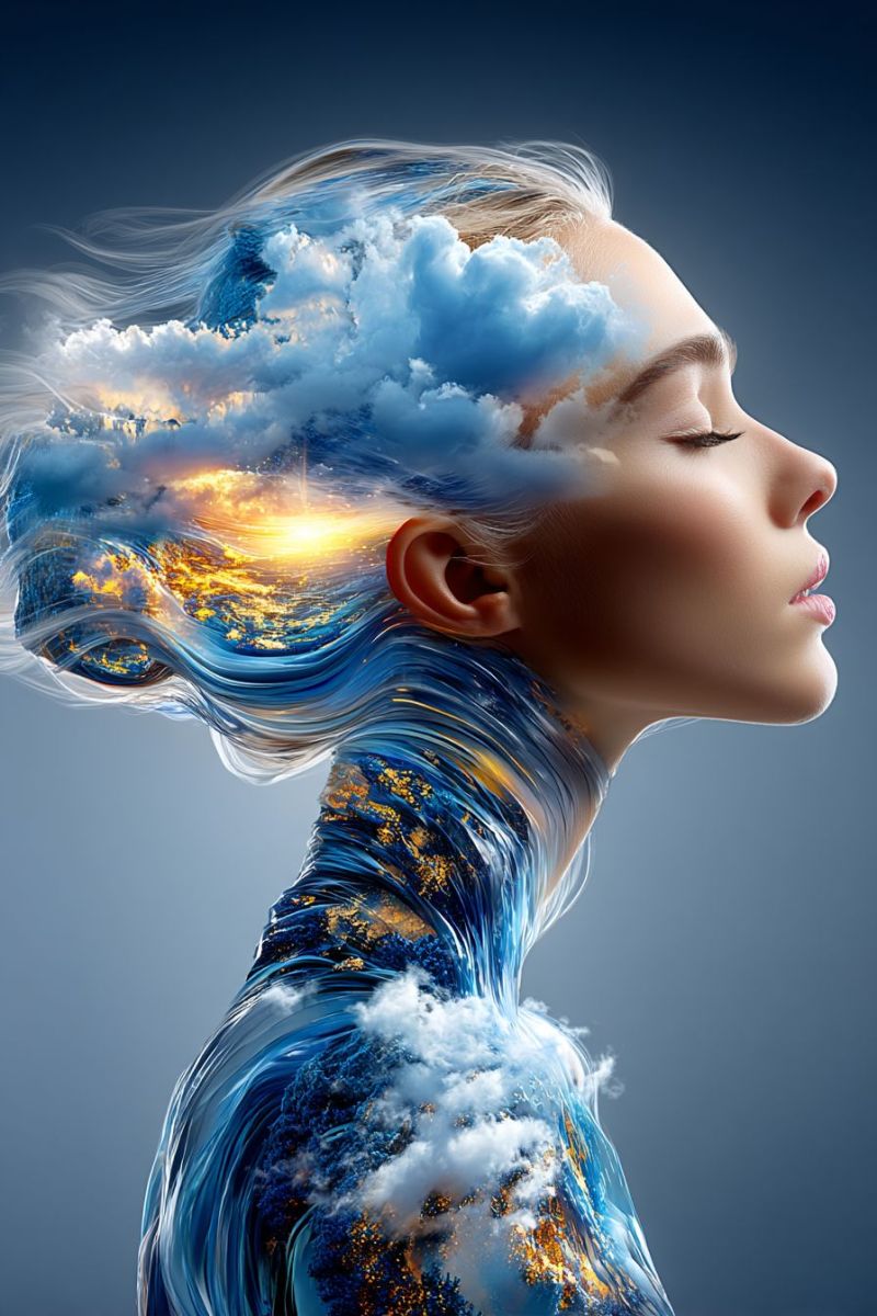 Resume beaute bleu nuages concept reve fantaisie feminin fille tete seance Le visage d'une femme est montré de profil, ses yeux fermés, et ses cheveux flottant en un motif ondulé. L'arrière-plan derrière elle est un mélange de nuages bleus et blancs, avec une lumière dorée illuminant la scène. Les cheveux de la femme semblent être faits d'eau, avec des gouttelettes tombant de sa tête. L'arrière-plan est un mélange de nuages bleus et blancs, avec une lumière dorée illuminant la scène. Les cheveux de la femme semblent être faits d'eau, avec des gouttelettes tombant de sa tête.