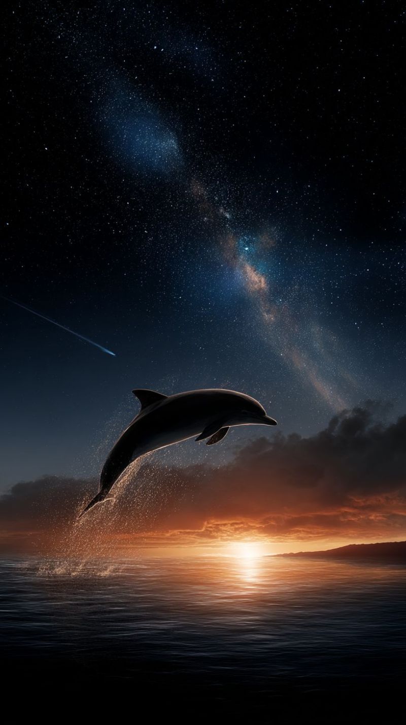 Dauphin ocean ciel nuit etoiles nuages eau coucher soleil eclaboussure saut vie sauvage nature mer animal marin astronomie galaxie meteore Un dauphin bondit gracieusement de la surface de l'océan, son corps arquée dans une pose dynamique. La forme lisse et aérodynamique du dauphin est mise en valeur contre le fond d'un ciel crépusculaire. Le ciel est d'un bleu profond, parsemé d'étoiles et illuminé par la douce lueur du soleil couchant. Les rayons du soleil projettent une teinte chaude et dorée sur l'eau, créant une atmosphère sereine et magique. La Voie lactée est faiblement visible, ajoutant à la beauté céleste de la scène. Le bond du dauphin projette une gerbe d'eau dans les airs, capturant un moment de mouvement pur et joyeux.