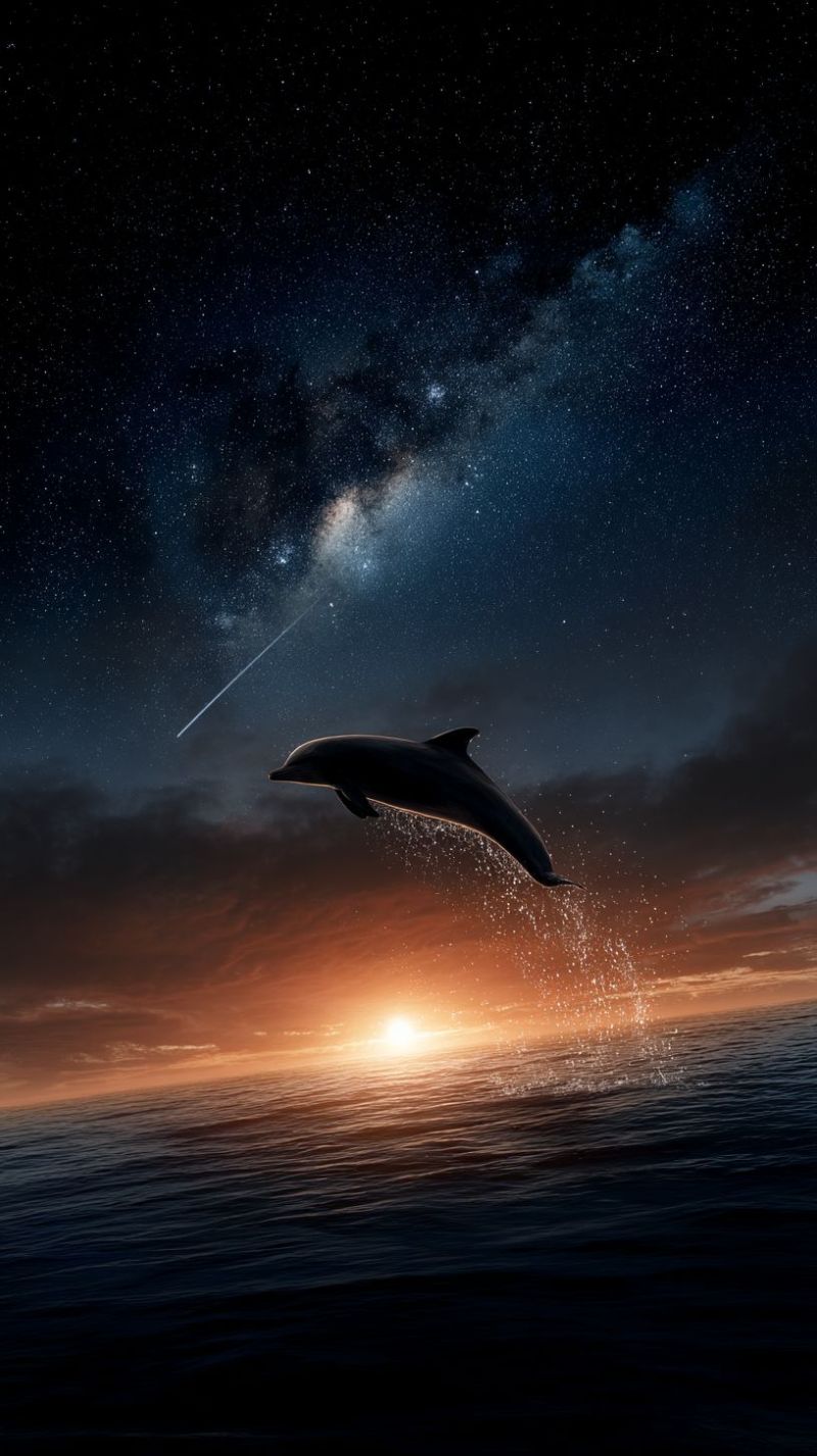 Dolphin ocean sky night water sunset stars clouds spray jump wildlife nature marine animal sea horizon space meteor A dolphin leaps gracefully from the ocean's surface, its body arched in a perfect arc. The dolphin's sleek form is illuminated by the soft glow of the setting sun, which casts a warm orange hue across the sky and water. The sky is a deep, dark blue, dotted with countless stars, and the Milky Way stretches across the upper part of the image, adding a sense of vastness and wonder. The water below is calm, with gentle ripples spreading outward from where the dolphin has jumped. The scene is serene and majestic, capturing a moment of natural beauty and grace.
