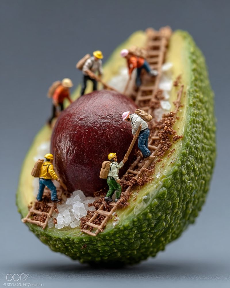 Miniature food avocado people workers ladder stone helmet backpack construction A miniature scene depicts a group of tiny people dressed in yellow and orange uniforms, wearing helmets, and carrying backpacks. They are working on a ladder placed on the side of a large, open avocado. The avocado's flesh is red, and there are small pieces of ice and brown powder scattered around. The scene is set against a gray background, and there is a watermark in the bottom left corner.