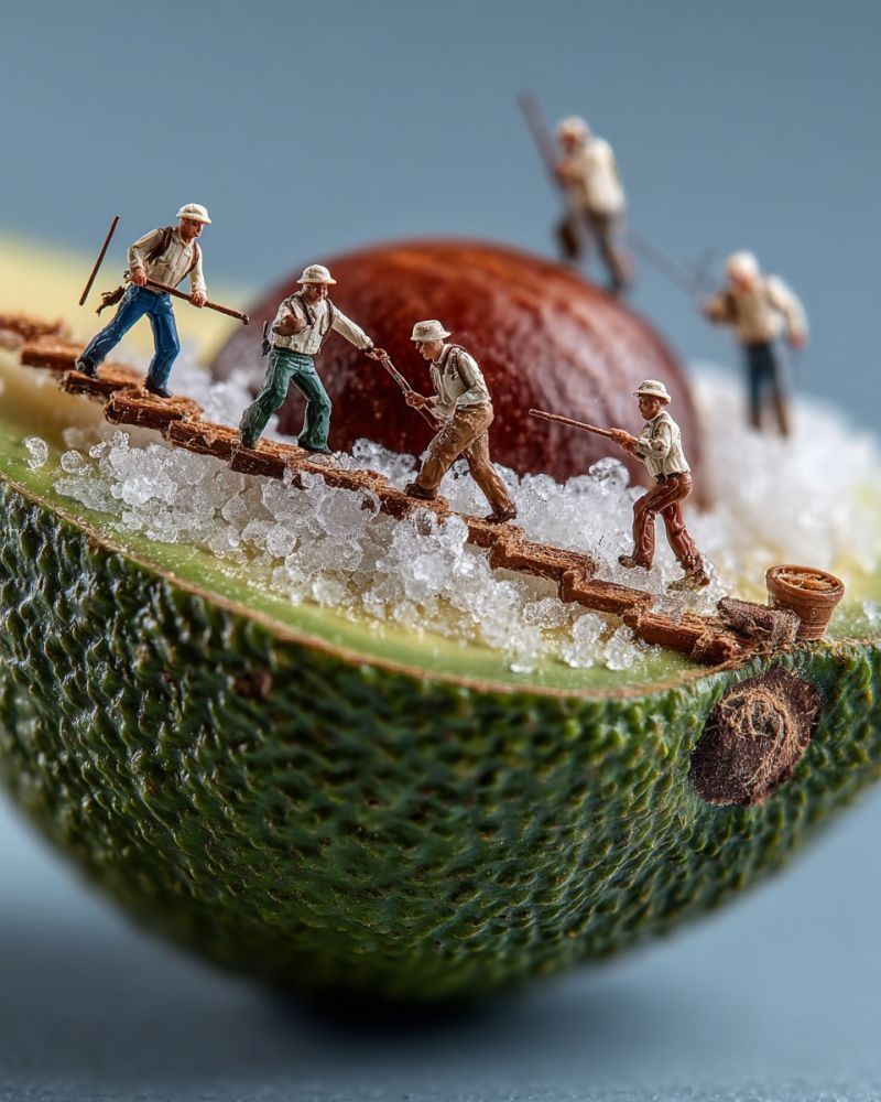 Miniature people avocado workers sugar ice blue craft texture fruit labor tools path journey A group of miniature figurines dressed in old-fashioned clothing are walking on a wooden plank laid across the inside of a halved avocado. The figurines are holding sticks and ropes, suggesting they are engaged in some kind of work or activity. The avocado's flesh is exposed, and there are small pieces of ice scattered around. The figurines are positioned in a way that they appear to be working on the avocado, possibly harvesting or preparing it. The background is a soft blue, and the scene is set against a light blue surface.