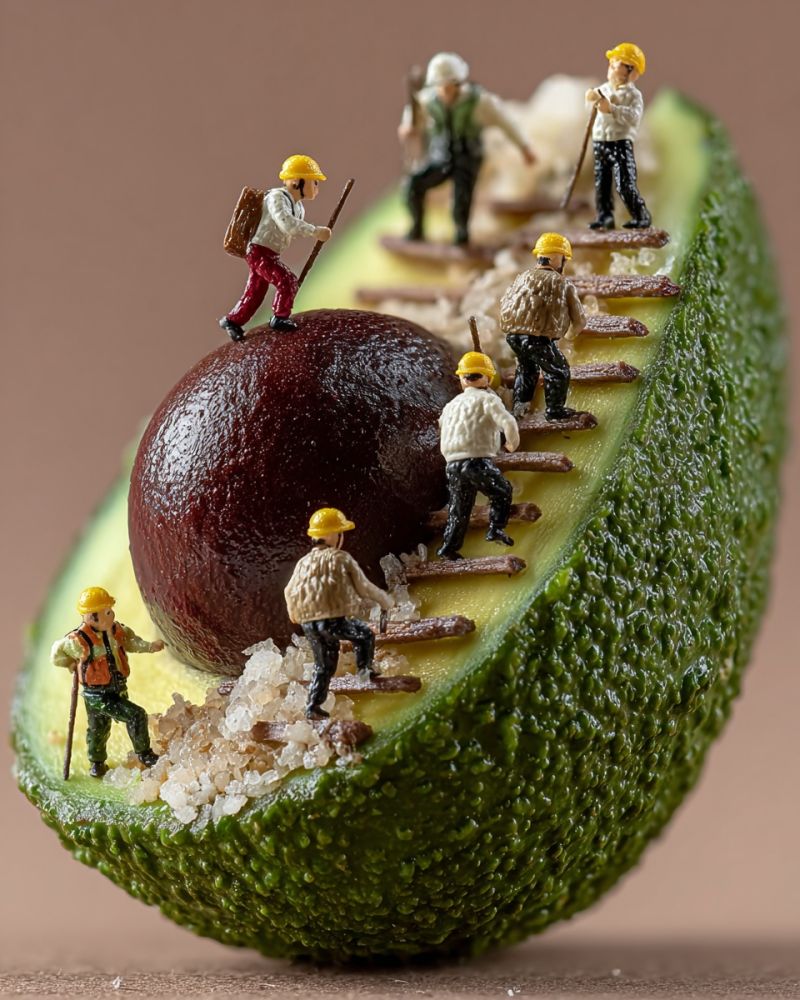 Miniature avocat travailleurs casques outils pierre construction sculpture nourriture design coiffure creativite imagination innovation Une scène miniature dépeint plusieurs petites figurines vêtues d'habits de construction, y compris des casques, travaillant sur un grand objet rouge foncé qui ressemble à un rocher. Les figurines sont positionnées sur un demi-avocat, certaines grimpant à l'intérieur de sa chair, tandis que d'autres poussent le rocher. La chair de l'avocat est exposée, montrant sa texture crémeuse, et il y a de petits morceaux de ce qui semble être du sucre ou du sel éparpillés autour. La scène est placée sur un fond neutre, mettant en valeur les détails complexes des figurines miniatures et leurs activités.