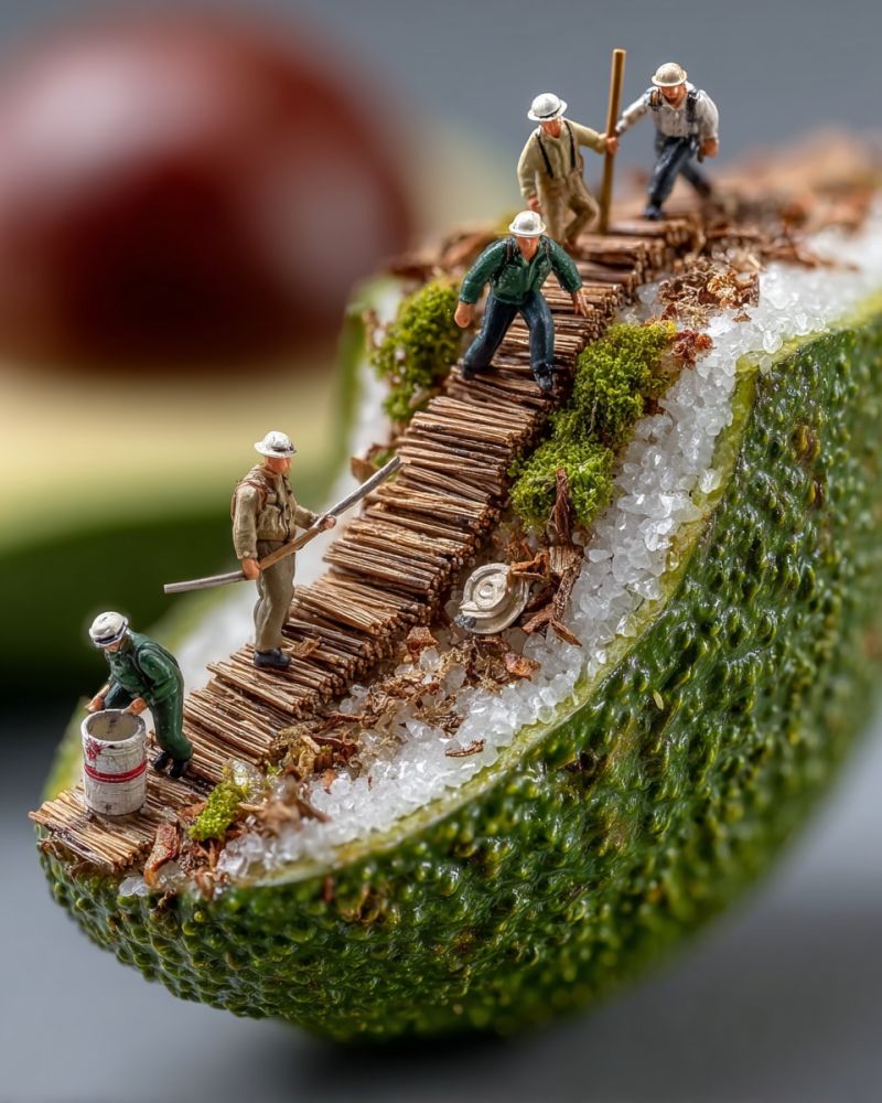 Miniature people avocado wooden bridge world diorama workers construction tools bucket moss salt A miniature scene depicts a group of tiny people dressed in old-fashioned work attire, including hats and suspenders, walking on a wooden plank laid across the top of a large, textured green fruit resembling an avocado. The plank is surrounded by small piles of white crystals and patches of green moss. One person is holding a bucket, another is holding a long stick, and the others are walking along the plank. The background is blurred, with a large red fruit partially visible.