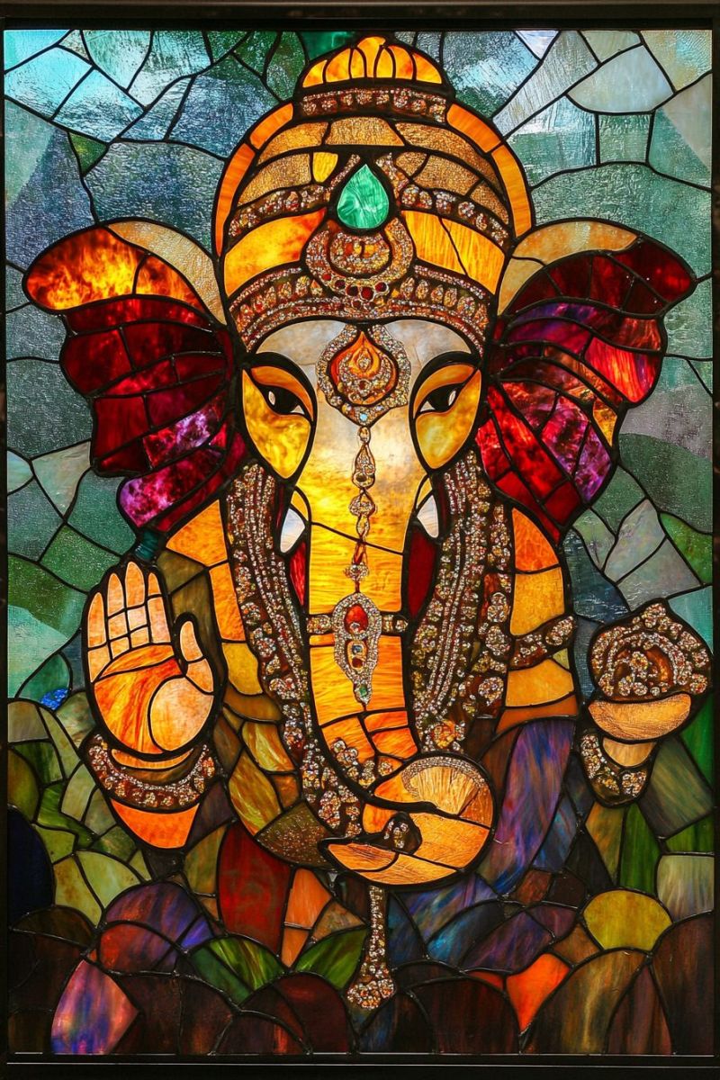 Window stained glass panel decoration design indian colorful spirituality religious lord ganesha tradition craftsmanship frame mosaic mural ornate int stained glass window featuring the deity Ganesha. Ganesha is seated and appears to be in a meditative or blessing pose. He has large ears, which is one of his iconic features, representing wisdom and knowledge. Ganesha is adorned with traditional attire and jewelry, including a garland and an elephant headband, which further signifies his deity status. The artwork surrounding Ganesha includes patterns and motifs that are commonly associated with Indian art. The background of the stained glass is a mix of colorful and more muted tones, providing contrast to the central figure. There's no text present in the image.