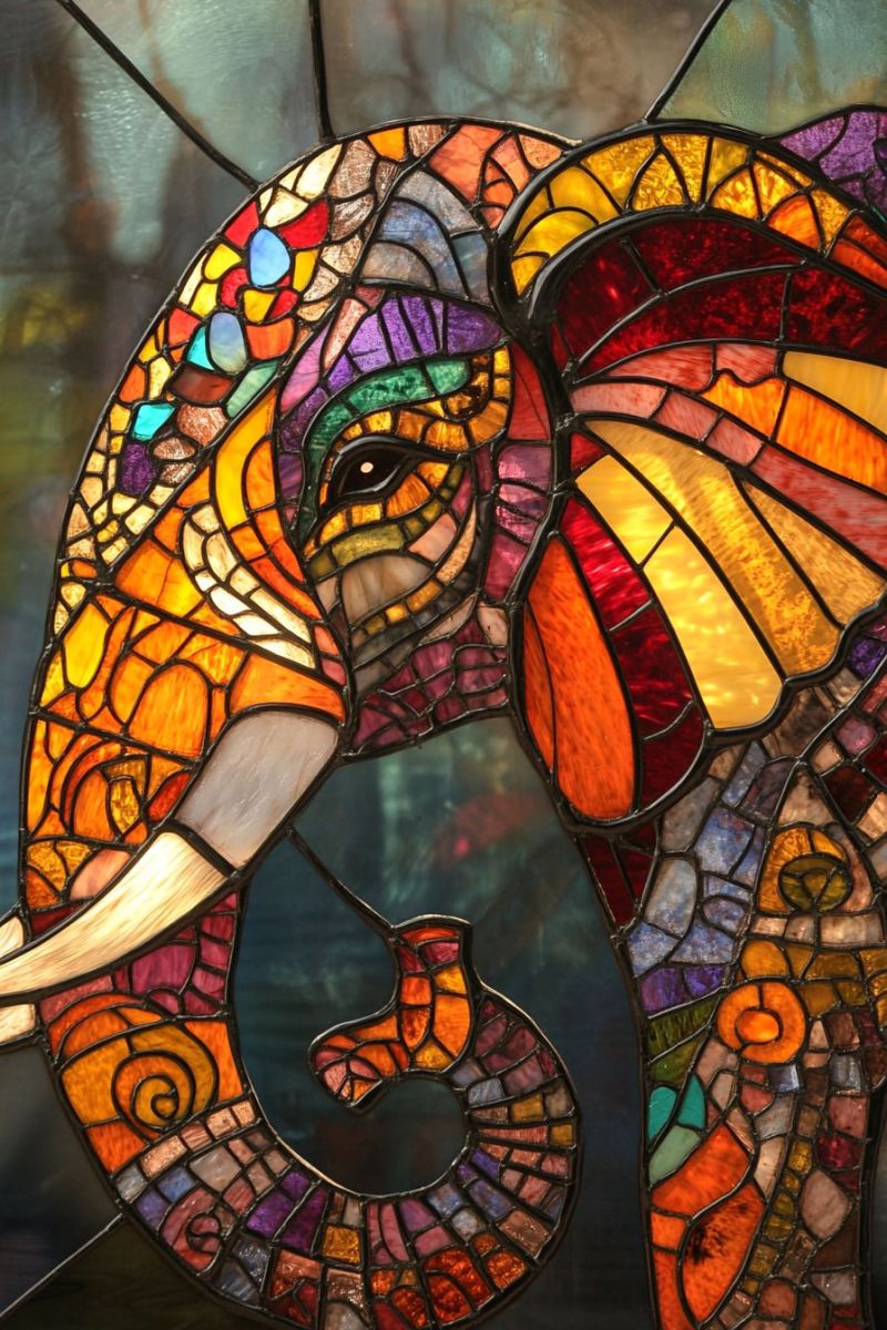 Verre taine elephant fenetre mosaique mur decoration hanging artisanat L'oeuvre d'art à verre coloré représentant une éléphant. L'éléphant est forgé avec diverses couleurs de verre, disposées en mosaïque pour créer des ombres et des profondeurs. Il présente la tête et partie du trompe de l'éléphant, mettant en valeur ses oreilles grandes, ses dents longues et les rideaux distinctifs sur sa face. L'oeuvre est posée contre un fond qui suggère une ambiance intérieure avec des éclairages chaleureux. Il n'y a ni texte ni autres objets dans l'image.