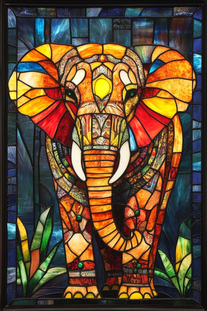 Verre fenetre elephant animal indien decor decoration menage artisanat L'image affiche une oeuvre d'art en verre coloré, qui représente un éléphant. L'éléphant est le figure central et présente des motifs complexes dans les tons jaune, orange et bleu, avec accents rouges. Il a de grands yeux expressifs et des incisives blanches à la pointe. Le corps de l'éléphant est recouvert d'une variété de formes et de couleurs, dont apparaît ce qui ressemble à des plumes de paon et autres éléments décoratifs. À son cou, deux cloches visibles sont présentes. Une marque rouge figure sur la tête de l'éléphant. Le fond de l'oeuvre d'art se compose de bleus et de verts, avec des silhouettes de plantes vertes dans les coins inférieurs. Le style de l'image évoque les traditions verrières, connues pour leurs couleurs vives et leur craftsmanship soignée. C'est une pièce d'art décoratif qui serait typiquement trouvée dans un foyer, une galerie ou un espace public pour ajouter de la valeur visuelle et une touche de couleur.