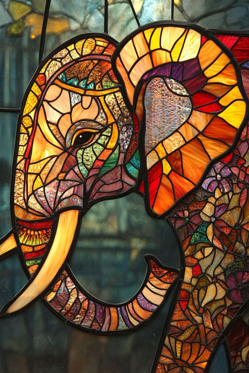 Verre elephante fenetre craftsmanship animal decoratif intricate design unique beau mural artiste vitrage main ouvrage Une fenêtre en verre coloré avec la forme d'un éléphant évidemment mise en avant. Le fond est invisible en raison de l'art de l'oeuvre. L'apparence de l'art est probablement une pièce décorative, peut-être conçue pour ressembler aux vitraux traditionnels en verre des cathédrales ou des églises. L'éléphant est illustré dans différents couleurs, avec des détails qui suggèrent qu'il a un long trompe et des oreilles. Le verre utilisé pour cette oeuvre a plusieurs tons dans chaque section, lui conférant une apparence vive et dynamique.