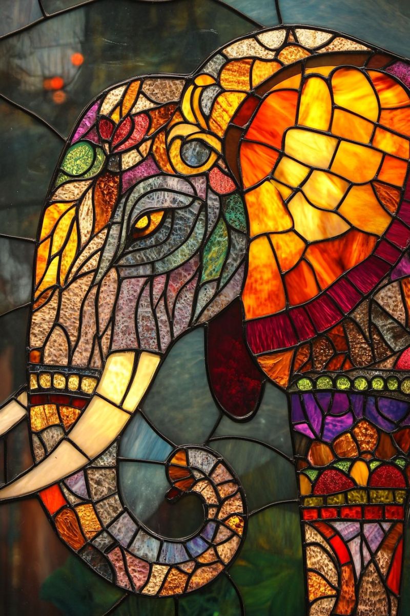Verre elephant oeuvre maitrise craft artiste luminescent intriquant detailled ornemental statue animal uniques traditionnelles disposition fenetres Une fenêtre de verre coloré représentant un éléphant et ce qui apparaît être un cavalier. L'éléphant se trouve à côté gauche de l'image, avec son bec tendu vers le haut, ce qui pourrait suggérer un mouvement ou une action ludique. Son corps est coloré avec des motifs typiques pour les oeuvres de verre coloré, tels que des dessins complexes et des formes. Le cavalier se trouve au-dessus de la tête de l'éléphant, semblant être en contrôle du animal. Le cavalier porte un chapeau avec une bordure visible, ce qui pourrait indiquer une culture ou une tradition spécifique associée à cette oeuvre d'art. Le background est simple et ne distray pas du centre d'intérêt de l'image, qui est l'éléphant et son cavalier. La technique de verre coloré utilisée ici crée un écran de couleurs vives qui sont souvent vues dans telles oeuvres d'art, en ajoutant à la présence visuelle globale du morceau.