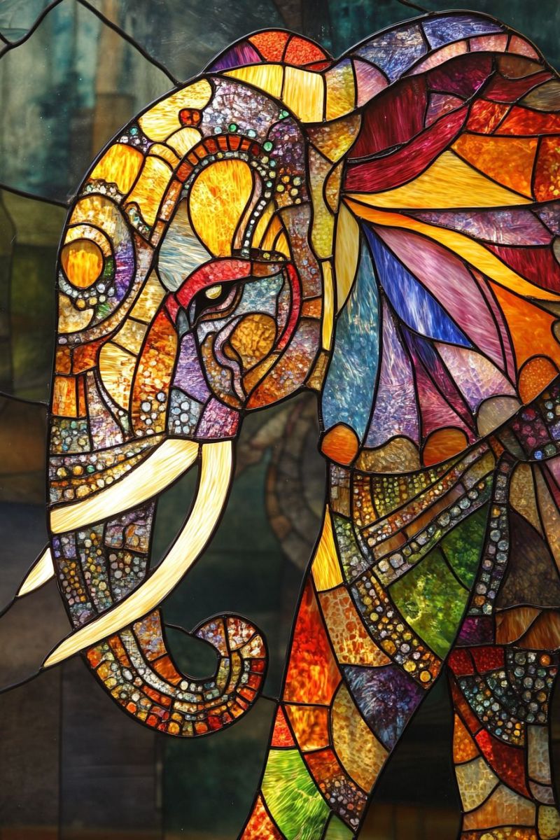 Glacage verre elephant mosaique decoration craftsmanship vif intricat fenetre coloree papillon ornemental hand crafte meubles foyer mobilier piece mur Grand et coloré voûte en verre teinté. Elle représente le profil d'une éléphant debout sur ses pattes arrière avec son bec tendu vers le haut. L'éléphant est dessiné de manière très détaillée avec diverses motifs et couleurs qui se répartissent tout au long de sa forme. Le fond présente une multitude de petits morceaux de verre en différents teints qui créent un effet de mosaic, peut-être ressemblant à ciel ou à un motif décoratif. La voûte est ornée d'un bord décoratif et semble être fixée dans un cadre solide avec la coin supérieur gauche manquant, révélant une aperçu de ce qui pourrait être une structure en bois ou une autre oeuvre d'art. L'ensemble du style évoque les vitraux colorés traditionnels trouvés dans les bâtiments religieux, les églises ou les cathédrales où ils sont souvent utilisés à des fins décoratives et spirituelles.