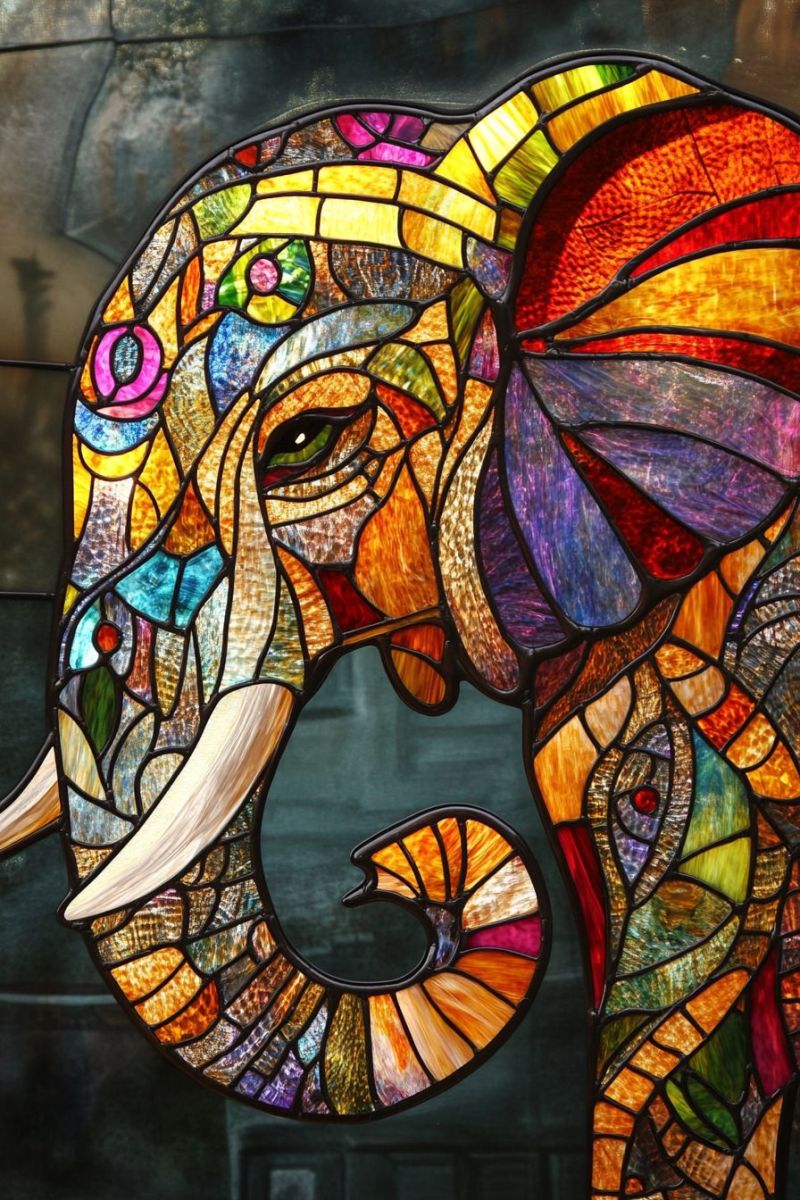 Verre elephant decoration mosaique craftsmanship intrique traditionnel culturel fenetre maison interieur religieux symbole paon unique beau fabrique Un artwork de verre coloré qui ressemble à un éléphant. L'éléphant est conçu avec des couleurs vives, notamment des bleus, des pourpres, des rouges et des jaunes. Il a des oreilles énormes ornées de petites fleurs colorées. Le corps de l'éléphant présente un motif détaillé de formes géométriques, rappelant les motifs de tessellation souvent trouvés dans les mosaïques ou les oeuvres d'art en verre coloré. Le fond de l'image est plus foncé que les couleurs de l'éléphant, ce qui contraste et met en valeur les détails du artwork en verre. Il n'y a aucune écriture visible dans cette image.