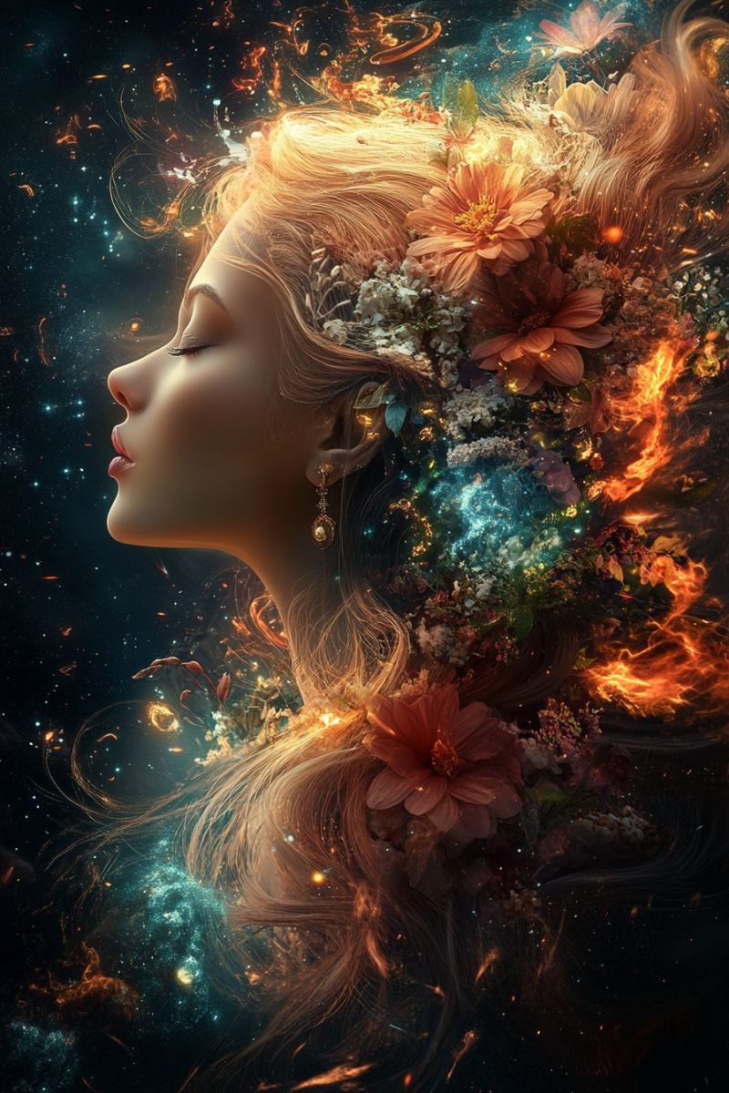 Feminin couronne florale fantastique femme fleurs cheveux cosmique nuit etoilee celeste beaute etheree surrealisme Feminin couronne florale fantastique femme fleurs cheveux cosmique nuit etoilee celeste beaute etheree surrealisme