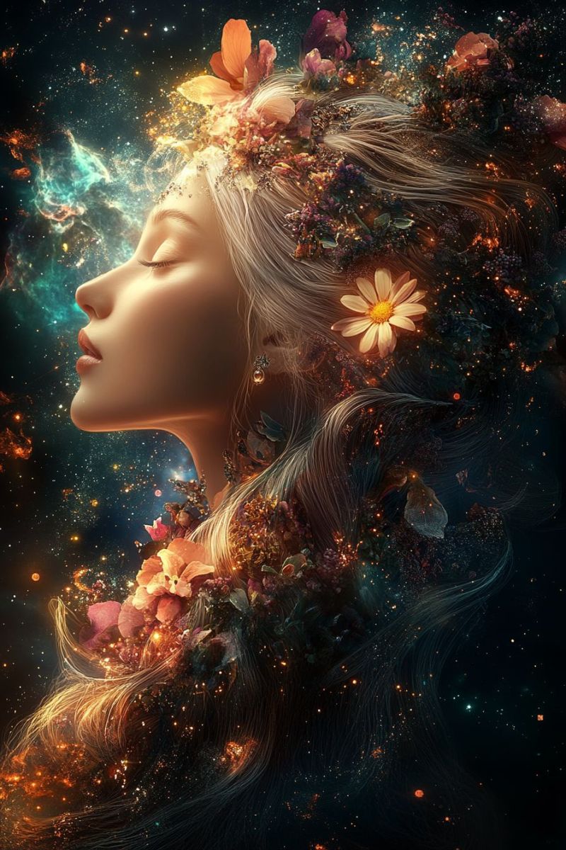 Fantastique feminine celeste couronne fleurs ciel etoile astronomique ambiance cosmique femme belle beaute etheree reveuse Fantastique feminine celeste couronne fleurs ciel etoile astronomique ambiance cosmique femme belle beaute etheree reveuse