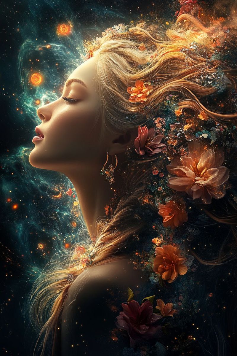 Fantasy female floral celestial space sci surreal flower crown cosmic design Fantasy female floral celestial space sci surreal flower crown cosmic design