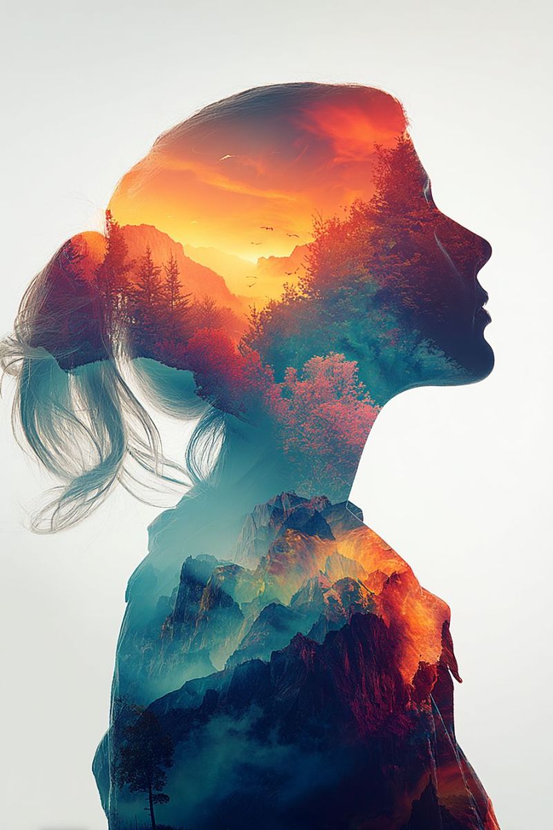 Femme montagne nature coucher soleil ciel foret arbres reflet beaute inspiration double exposition Silhouette d'une femme aux cheveux longs et fluides coiffés en deux nattes. Son visage est tourné de côté, et ses cheveux se fondent harmonieusement dans un paysage vibrant. L'arrière-plan est un mélange époustouflant de couleurs, incluant des nuances d'orange, de rose et de bleu, créant un effet de coucher ou de lever de soleil. La silhouette de la femme est superposée d'images d'arbres, de montagnes et d'un ciel rempli de nuages, donnant l'impression d'une scène onirique et surréaliste. L'effet global est celui d'une harmonie entre la nature et la forme humaine, la silhouette de la femme apparaissant comme faisant partie intégrante du paysage lui-même.