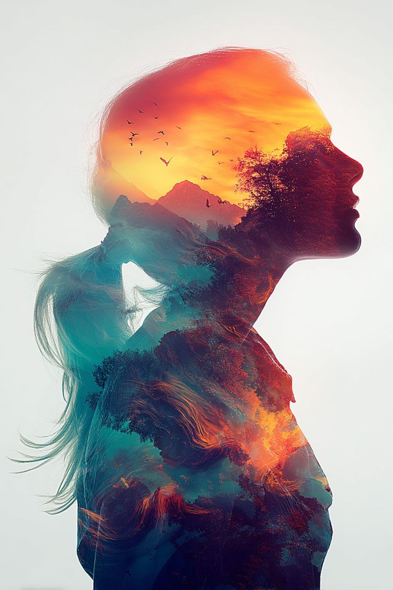 Femme nature coucher soleil montagnes arbres oiseaux ciel nuages eau reflet creatif imagination Silhouette d'une tête de femme, vue de profil, avec ses cheveux tombant. L'arrière-plan derrière sa tête est un coucher de soleil vibrant, mélangeant des nuances d'orange, de jaune et de rose. Le coucher de soleil est placé sur un fond de montagnes et d'arbres, avec quelques oiseaux volant dans le ciel. Les cheveux de la femme semblent fusionner avec les éléments naturels, créant un effet surréaliste et artistique. La composition globale est visuellement saisissante, avec un mélange harmonieux de forme humaine et de nature.