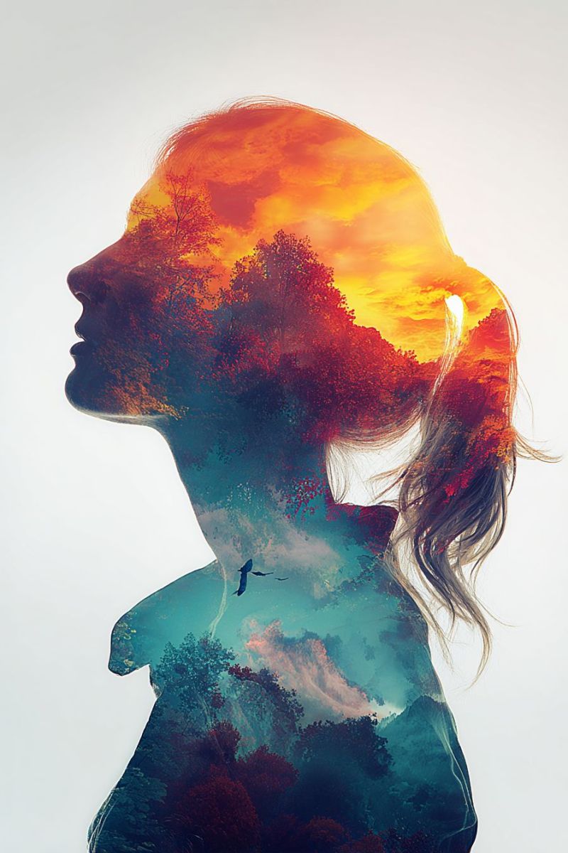 Femme coiffure coupe Silhouette d'une femme aux cheveux longs, coiffés en deux couettes, sur un fond de couleurs vibrantes. Le fond est un mélange de tons chauds et froids, avec la partie supérieure montrant un coucher ou lever de soleil aux teintes d'orange, jaune et rose. La partie inférieure de la silhouette se transforme en une scène de forêt avec des nuances de vert, bleu et violet. Un oiseau vole au milieu de la silhouette, ajoutant un élément dynamique à la composition. L'effet global est surréaliste et artistique, avec la silhouette de la femme fusionnant harmonieusement avec le paysage naturel.