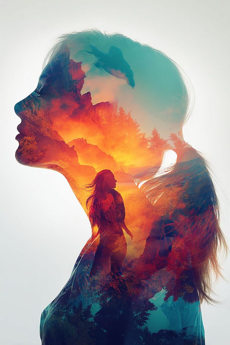 Beaute oiseau composite creativite double exposition technique femme Silhouette d'une tête de femme, avec son profil visible. Ses cheveux descendent jusqu'à ses épaules et semblent être étagés. L'arrière-plan derrière elle est un paysage vibrant et étagée qui inclut un coucher ou lever de soleil avec des teintes chaudes, orange et roses. Il y a aussi des éléments d'une forêt avec des arbres et une silhouette d'un oiseau volant au-dessus de la scène. L'effet global est surréaliste et artistique, mélangeant le paysage naturel avec la forme humaine d'une manière unique et visuellement frappante.
