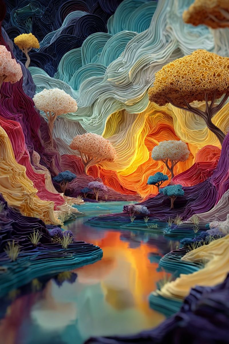 Nature ciel eau arbres montagnes reflet texture design fantaisie imagination creativite beaute Paysage vibrant et surréaliste entièrement fait de papier coloré et texturé. Le ciel est un dégradé de bleus, violets et jaunes, ressemblant à un coucher ou lever de soleil. Le terrain est composé de collines et vallées ondulantes, avec des arbres et plantes fabriqués à partir de papier torsadé et superposé, leur donnant une apparence texturée et presque organique. Les arbres varient en couleur, du jaune et orange au vert et bleu, ajoutant à la nature fantastique de la scène. Une rivière traverse le paysage, sa surface reflétant les couleurs du ciel et du feuillage. L'effet global est onirique et fantaisiste, avec un sentiment de profondeur et de mouvement créé par le travail de papier complexe.