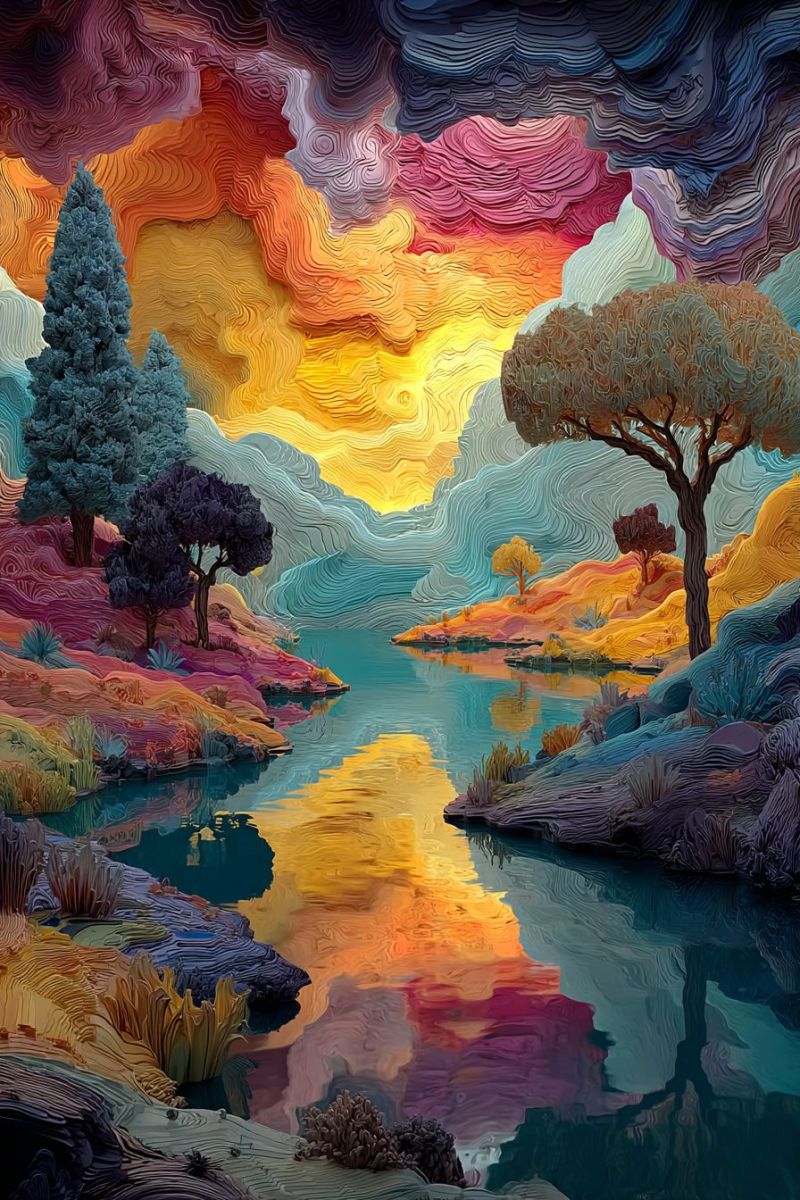 Nature ciel nuages eau arbres reflet imagination fantaisie onirique surrealisme teintes texture profondeur perspective Paysage vibrant et surréaliste avec une rivière qui le traverse. Le ciel au-dessus est un mélange tourbillonnant de bleus profonds, de violets et d'oranges, créant un effet de coucher de soleil dramatique. Les nuages sont texturés et semblent presque sculpturaux, ajoutant de la profondeur à la scène. Sur le côté gauche, il y a plusieurs arbres au feuillage vert foncé, se détachant contre le ciel coloré. Sur la droite, il y a un grand arbre avec une cime plus ouverte, se reflétant dans l'eau en dessous. La rivière est calme et reflète les couleurs du ciel et des arbres, créant un effet de miroir. Le terrain autour de la rivière est parsemé de diverses plantes et de petits buissons, ajoutant à l'exubérance de la scène. L'atmosphère générale est celle de la tranquillité et de l'émerveillement, avec les couleurs et les textures créant une qualité onirique.