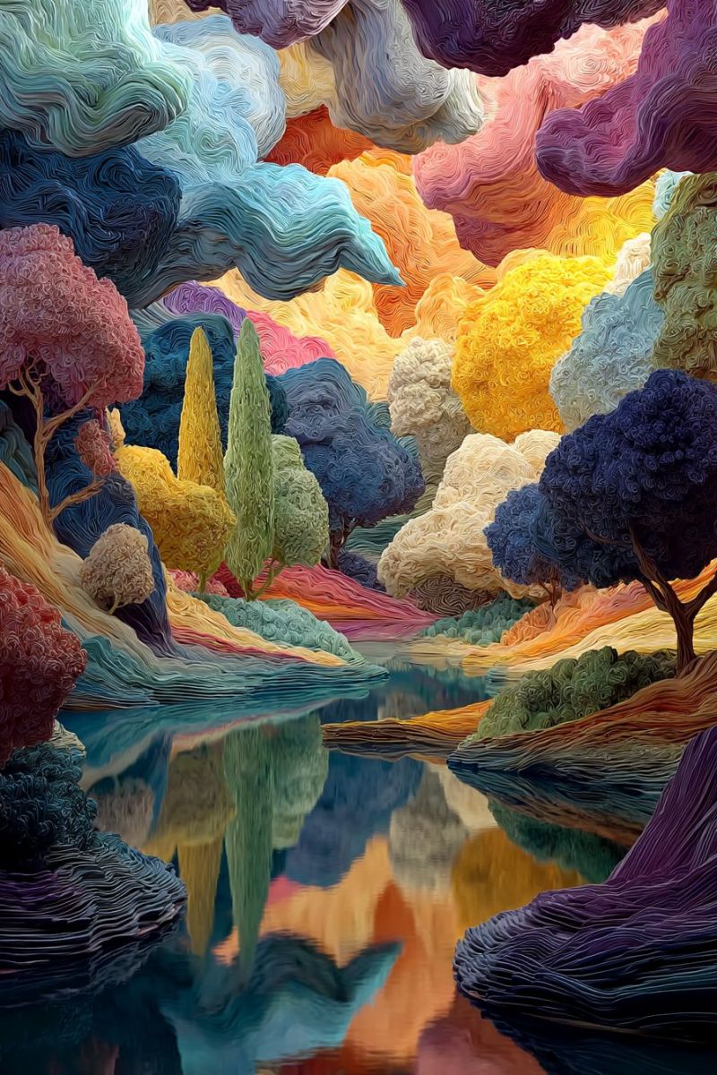 Nature nuages arbres eau reflet ciel imagination fantaisie creativite onirique surrealisme texture Paysage fantastique rempli d'arbres et de plantes vibrants et texturés de diverses couleurs telles que le rose, le jaune, le bleu et le vert. Les arbres ont une apparence unique, presque sculpturale, avec leurs branches et leurs feuilles qui semblent faites d'un matériau ressemblant à du tissu ou du papier, leur donnant une texture douce et ondulée. Le ciel au-dessus est un mélange de nuages tourbillonnants dans des teintes de violet, bleu et jaune, créant une atmosphère rêveuse et surréaliste. Au premier plan, il y a un corps d'eau serein qui reflète le feuillage coloré et le ciel, ajoutant à l'ambiance tranquille et irréelle de la scène.