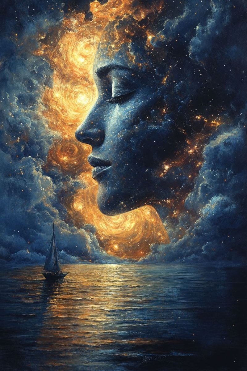 Imprimer murale science fiction visage feminin cosmique astrologie onirique profondeur spatiale ciel etoile citations inspirantes Travail de création numérique présentant un profil humain stylisé et artistique. Ce profil est composé d'éléments variés qui lui confèrent une apparence éthérée et cosmique. Le visage possède des yeux expressifs très grands avec une texture douce et presque transparente, ce qui évoque une qualité onirique ou autresworldly. Les cheveux sont représentés par des tendresses floues qui suggèrent le mouvement et la pensée. La tête est intégrée dans l'espace entourant, qui semble vastique et cosmique avec des étoiles qui brillent autour d'elle. Le fond présente un ciel bleu profond avec quelques nuages dispersés et des étoiles brûlant avec intensité, ce qui donne une impression de ciel nocturne ou de vide spatial. Au centre de l'image, il y a un grand orbite luisant qui émet la lumière et semble radier de l'énergie, renforçant ainsi le thème cosmique de cette oeuvre d'art. En bas de cet orbite central, se trouve une petite représentation d'un visage humain à l'intérieur, presque comme un miroir réfléchissant une partie de soi-même ou de son âme. La palette de couleurs dominante est composée de bleus foncés et de pourpres avec des tons plus clairs aux bordures, contribuant à un sentiment de profondeur et d'infini. Cette oeuvre d'art a une qualité surreelle et imaginative qui suggère des thèmes de réflexion interne, conscience cosmique ou l'intersection entre l'humanité et la nature.