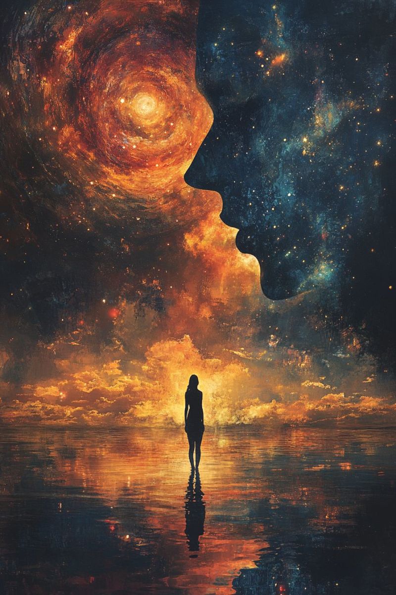 Space galaxies cosmique nebuleuse stellaire nuit etoilee horoscope voie lactee espace profond scenario sci Travail artistique numérique fantastique et digital présentant une scène éthérée. Une figure se tient en avant-plan contre un fond de éléments cosmiques qui suggèrent la vasteur du cosmos. La figure est silhouettrée, permettant à l'interprétation, et paraît regarder dans une tourbillon galactique qui émane derrière elle. Les couleurs utilisées sont principalement des tons bleus, oranges et jaunes, contribuant à un atmosphère de l'espace extérieur. En arrière-plan, se tient une personne avec son dos tourné, face à l'observateur. Cette figure est en train de faire sortir ce qui paraît être un objet à forme coeur ou une bulle de pensée vers le scénario cosmique. Le contraste entre la solidité de la figure en avant-plan et la qualité éthérée du fond donne à cet artwork un sentiment introspectif et réflexif. L'image a un fort sens de composition, avec chaque élément soigneusement placé pour guider l'oeil de l'observateur à travers le travail d'art. La figure en avant-plan fournit un point focal tandis que la tourbillon cosmique ajoute de la profondeur et de la dimension. Il n'y a pas de texte présent dans l'image, et le style est ressemblant aux genres sci-fi ou fantasy, avec son accent sur l'espace et la réflexion.