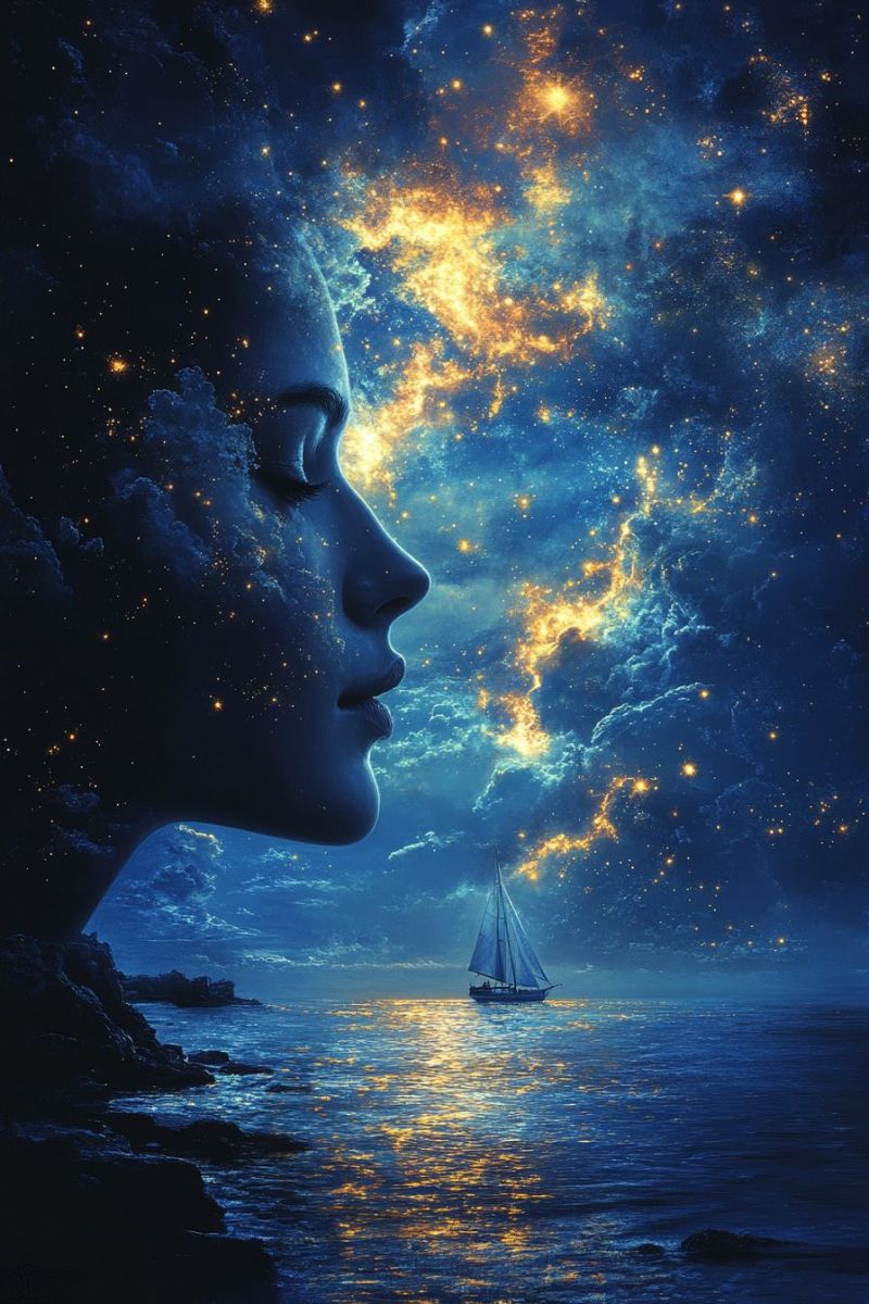 Profile femme silhouettede nuit ciel spatial observatoire etoiles nocturne galactique astronomie cosmique constellations reveuse L'image que vous avez envoyée est une illustration numérique représentant un personnage humain avec son visage masqué par une vision cosmique, ce qui donne l'impression que la personne regarde vers l'espace. Le fond montre un ciel étoilé stylisé avec des nébuleuses et des corps célestes, suggérant un thème de découverte spatiale ou de la vasteur de l'univers.