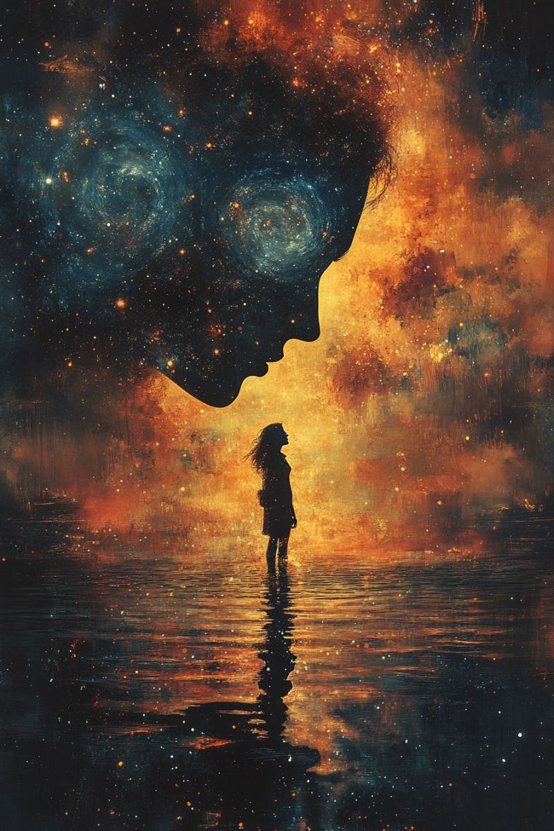 Sci galaxie etoile nebuleuse constellation regardant espac reflechie environnement futuriste C'est une oeuvre d'art numérique représentant une illustration stylisée de femme debout à la première ligne du champ, en face à l'image et fixant le horizon. Elle semble penser ou réfléchir comme elle contemple l'infini. Le fond est abstrait et coloré, composé de diverses nuances qui suggèrent un ciel nocturne rempli d'étoiles. Il n'y a pas de textes visibles dans l'image. La tendance générale du pièce semble pensante et calme, évoquant un sentiment d'auto-introspection et de profondeur spatiale.