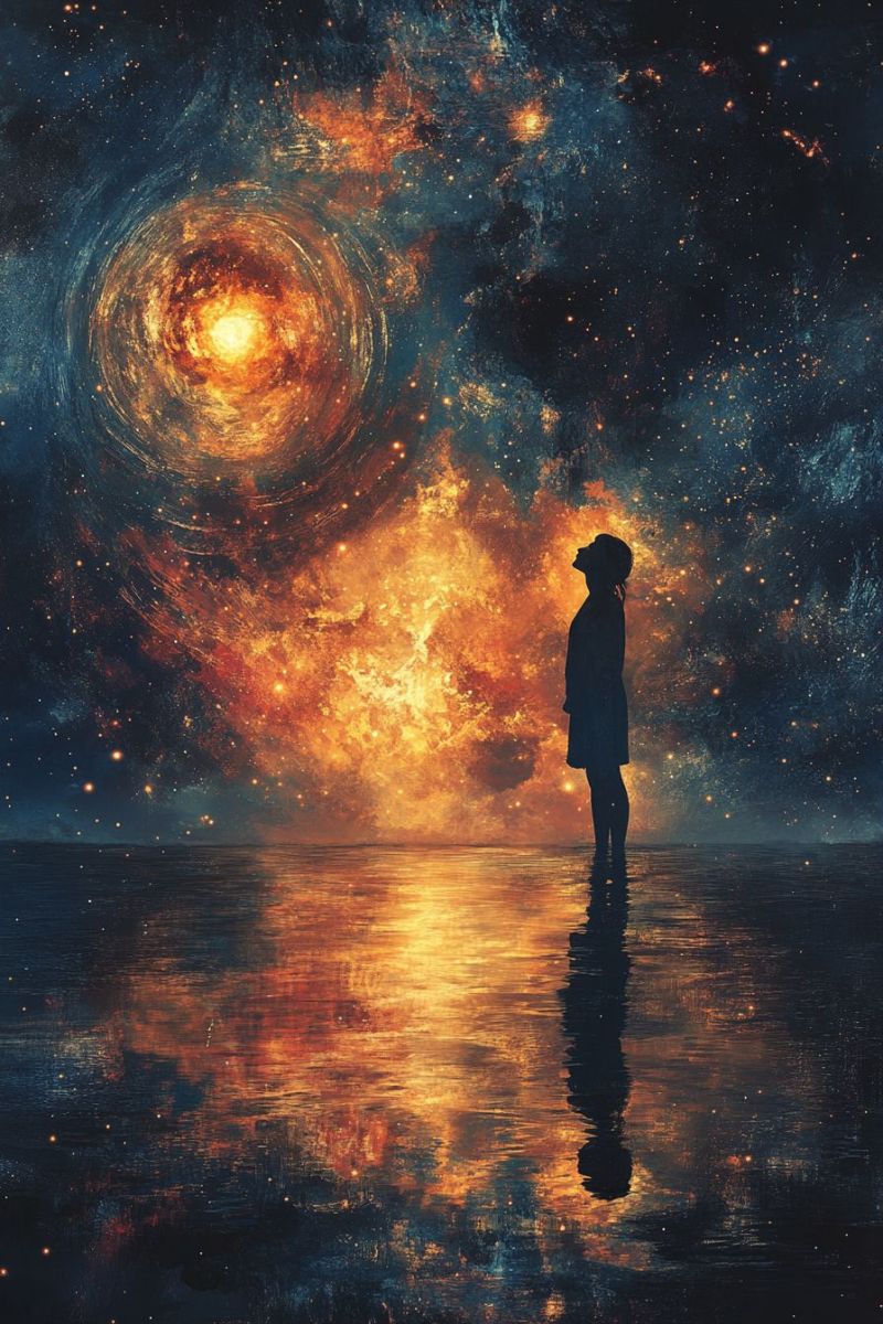 Espace univers cosmo astronomie astrologie nebuleuse constellation stellaire galaxie science fiction rue imaginaire surrealist L'oeuvre d'art numérique présente un scène thématisée par l'espace et les étoiles. Au centre, se trouve une figure humaine debout sur ce qui ressemble à un corps céleste comme la lune ou un planète, avec un ciel sombre en fond de page. L'individu regarde le spectateur d'un air réfléchi, légèrement incliné la tête vers l'avant, se perdant dans les vastes horizons. Le fond de l'image est constitué d'une grande nébuleuse éclatante avec des mouvements de gaz et de poussière qui confèrent un ton mystérieux. Les couleurs du dessin sont vives, avec des jaunes chauds, oranges et rouges contrastant avec les bleus et les blancs plus froids de la nébuleuse. Il n'y a pas de textes visibles dans l'image. Le style est réaliste avec une touche de fantastique ou de science-fiction.
