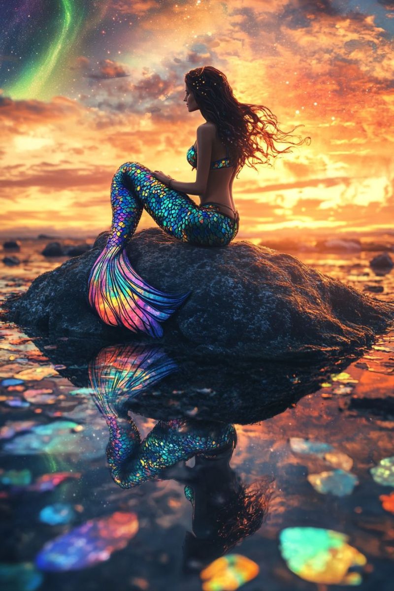 Fantasie mermaid ocean queue ondulation coquillages beaute femme fille tatouage peau marquee swimsuit corps tateau poissons echelle cheveux science Une personne assise sur une roche en avant-plan. Elle a des cheveux longs et porte un top avec un schéma de couleur verte qui pourrait être inspiré par la vie sous-marine. À l'arrière-plan, on voit une vue panoramique avec le ciel qui transitionne du bleu clair à la horizon au bleu plus profond avec des étoiles qui scintillent dans le coin supérieur droit. La lumière suggère qu'il pourrait être soit le lever du soleil, soit l'apogée du jour, étant donné les tons chaleureux près de l'horizon et les tons plus froids plus haut. Au centre de l'image, on voit une queue de sirène vif et colorée visible sous la surface de l'eau. L'environnement entoure est un corps d'eau avec des ronds qui suggèrent du mouvement, et le fond de la roche reflète une mélange de couleurs incluant des bleus, des pourpres et des verts, qui évoquent le thème sous-marin suggestif par la queue de sirène. L'ensemble du style de l'image est réaliste avec un accent sur les couleurs et la lumière. La composition est équilibrée en plaçant le sujet au centre entre les éléments naturels à la fois en avant-plan et en arrière-plan. L'oeuvre d'art transmet une sensation de calme et peut alléguer des thèmes de fantaisie ou de mysticisme, étant donné la queue de sirène et la qualité éthérée du paysage.