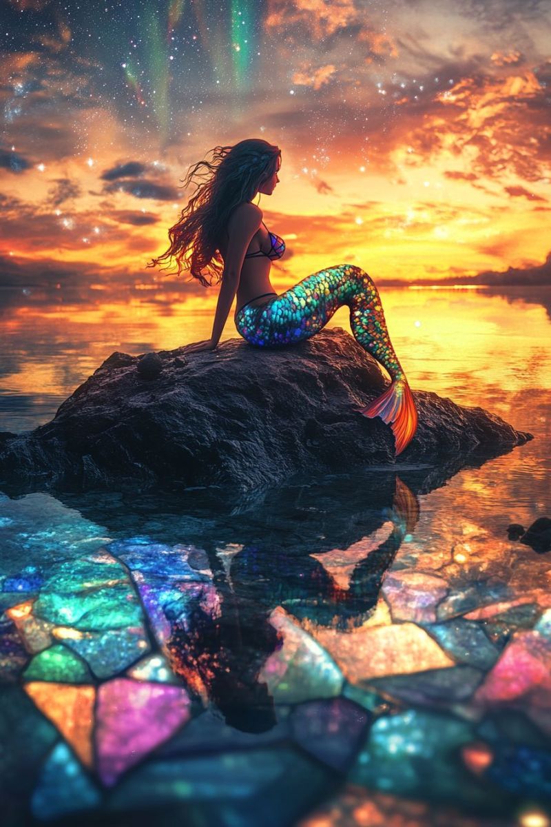 Mermaid femme ocean ile coucher soleil nature aquatique beaute splendide oeuvre futuriste science fiction fantasy Une jeune femme assise sur un rocher au premier plan. Elle est tournée vers la gauche du tableau, avec son dos face à l'observateur. Ses cheveux sont peints en vagues et elle semble regarder vers l'eau. La femme porte une maillot de bain bleu-violet vibrante. Le fond montre une vue paysagère d'une plage au coucher ou lever du soleil, donnant des couleurs dorées et orange dans le ciel. Le reflet du ciel sur la surface de l'eau ajoute une qualité calme à la scène. Au-dessus de l'eau, il y a des formes triangulaires colorées qui pourraient représenter un effet vitré ou une superposition artistique. L'esthétique de l'image est illustrative avec un élément fantastique à elle. Le fond du tableau est dégradé et suggère une grande étendue d'eau, probablement un océan, pouvant être vue vers l'horizon où plus de ciel peut être vu. Le palette de couleurs est chaleureuse, dominée par les bleus et les oranges.