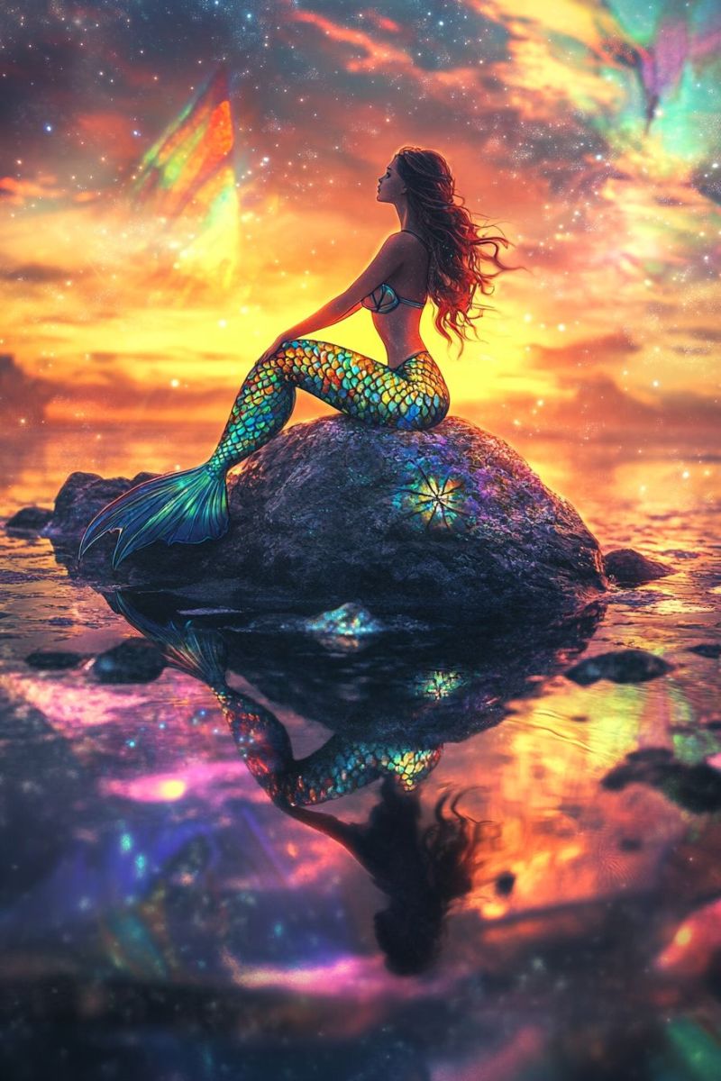 Mermaid marin futuriste fille ocean ile coucher soleil astronomie espace arc ciel cosmique vivant femme creative surreal inspirante Scène fantastique. Au centre de la composition, une mermaidette assise sur une roche dans ce qui paraît être un corps d'eau. Elle présente un corps humain supérieur mais avec une queue et des ailes classiques pour une mermaid. Son habillement se compose d'un haut en maillot de bain coloré et modéré qui s'intègre aux couleurs vives de son environnement. La mermaidette regarde le regardant vers l'eau. Le fond révèle un ciel nocturne étoilé avec des nébuleuses, suggérant une localisation éloignée du royaume terrestre. En dessous, on voit les reflets des nébuleuses et des étoiles sur la surface calme de l'eau. Le palette de couleurs est dominée par des tons froids bleus, pourpres et vert, ce qui confère à cette scène une ambiance lointaine. L'image a une qualité onirique, avec des éléments qui n'existent pas dans la réalité cohabitant en harmonie. C'est une oeuvre d'art conçue pour évoquer l'imagination et peut-être inspirer des projets thématiques de fantasy ou le storytelling.