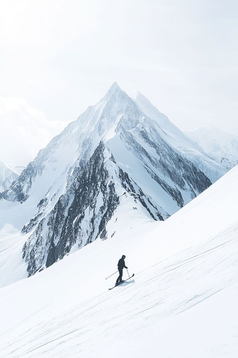 Neige montagne ciel ski skiage pente hiver air aventure sport froid glace pic sommet nature voyage vacances recreation Une personne descend une pente montagneuse enneigée. Elle porte une veste noire, un pantalon et un casque. Elle tient des bâtons de ski dans les deux mains. La montagne est couverte de neige et a une falaise rocheuse sur le côté. Le ciel est clair et bleu.